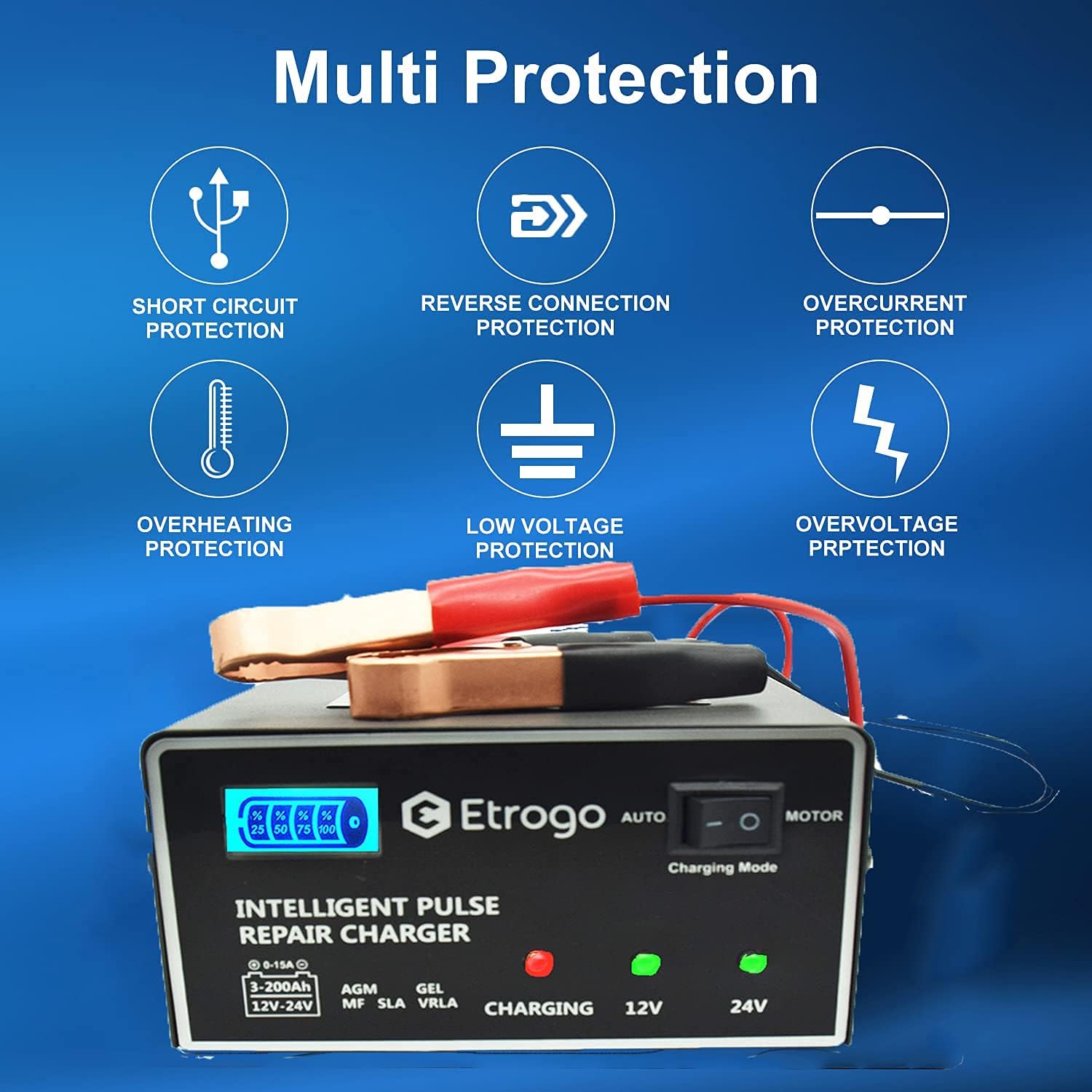 Thumbnail 6 de Etrogo Intelligentes 12/24V Autobatterieladegerät 15A – 5-Stufen-Pulslader mit LED-Balkenanzeige
