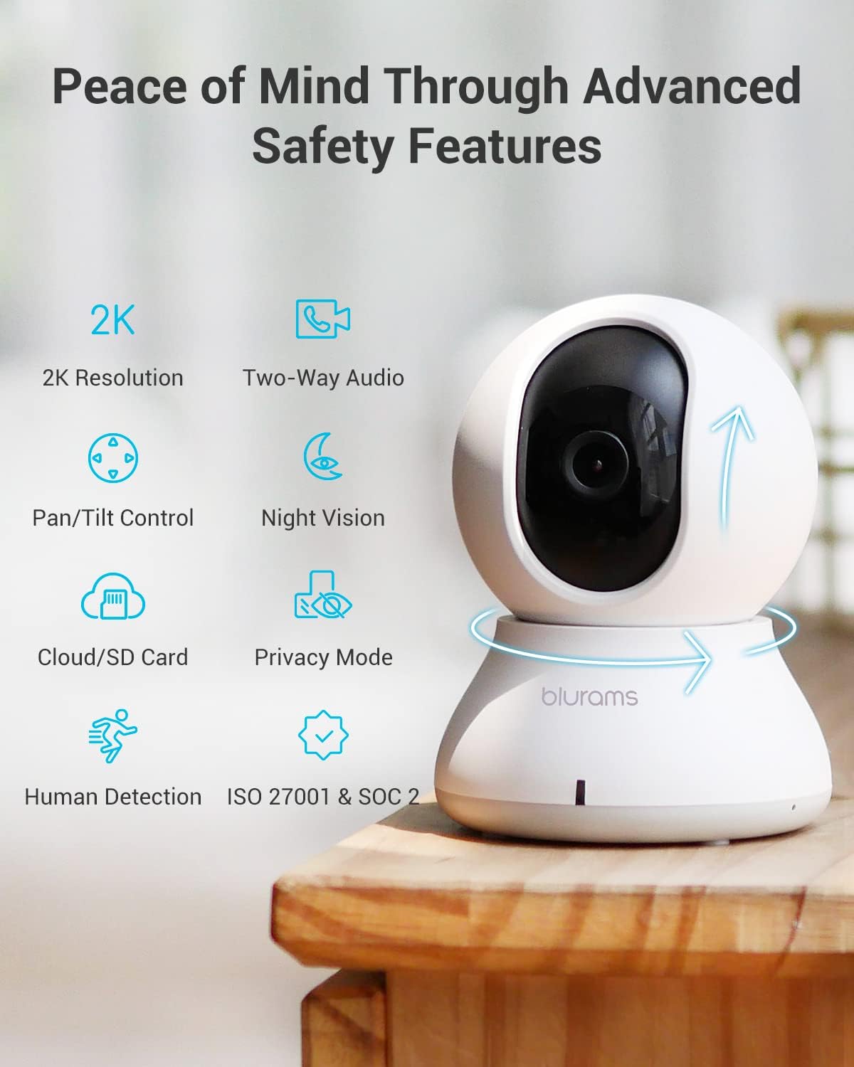 Detalle 2 de blurams A31 2K Indoor Security Camera, 360° Coverage, Night Vision, White 2-Pack