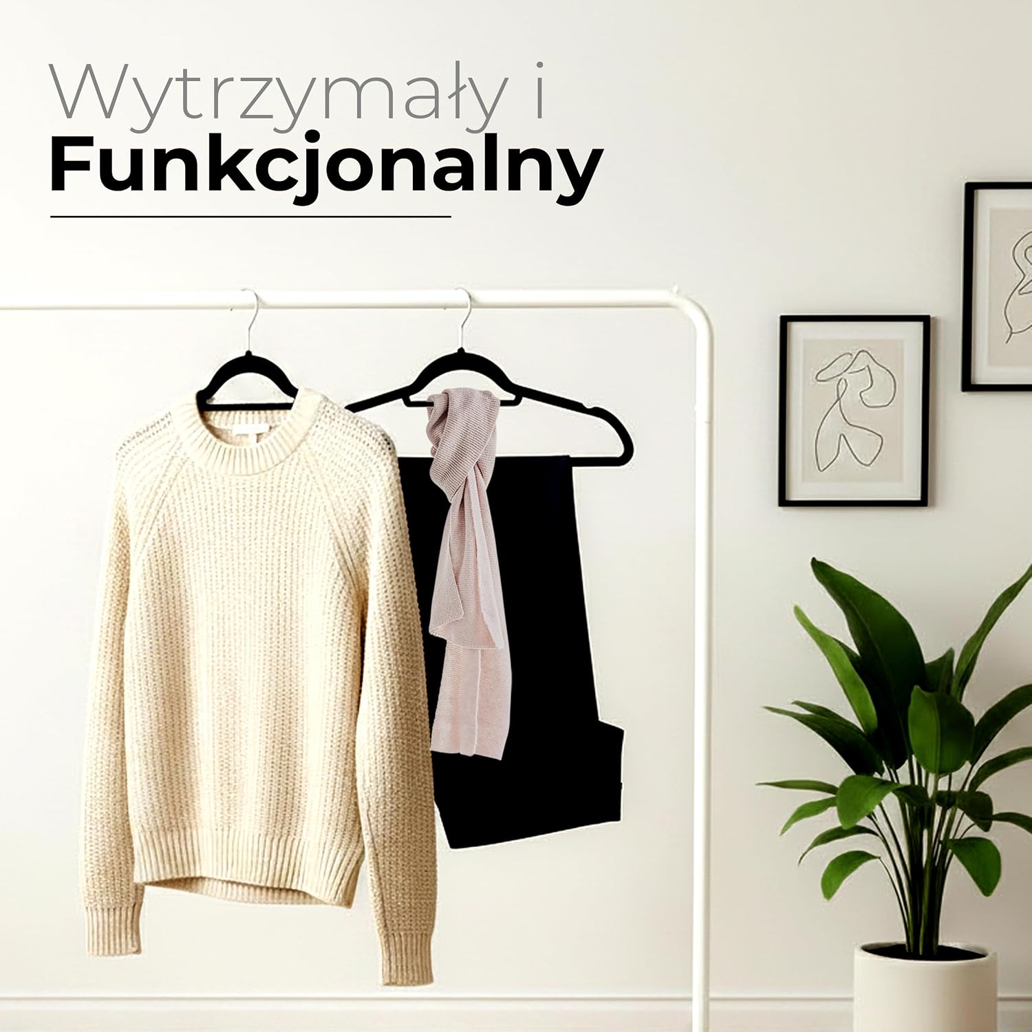 Detalle de Utopia Home Premium – czarne wieszaki aksamitne, 50 szt., antypoślizgowe, haczyk 360°
