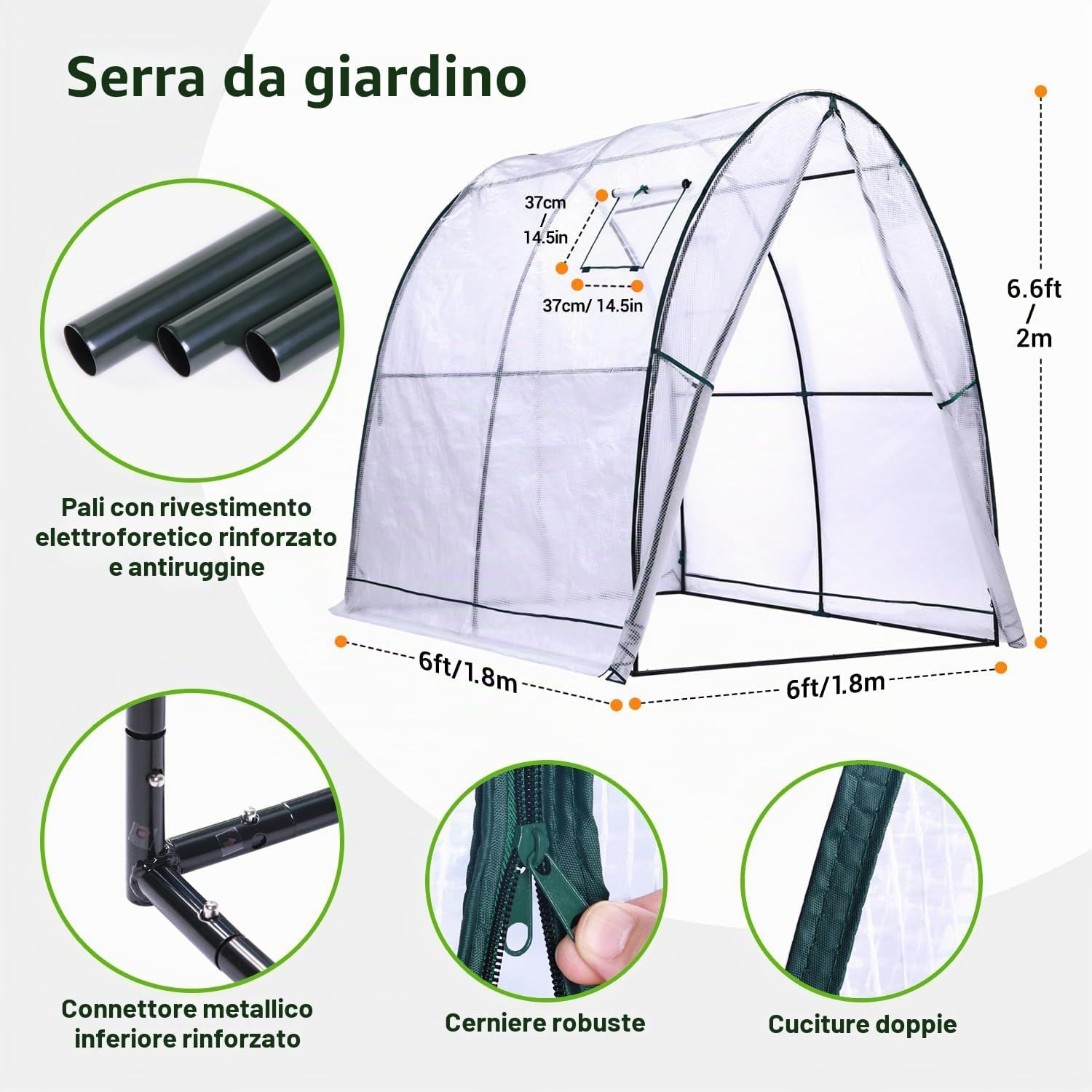 Detalle de Ohuhu Serra da Giardino 180x180x200 cm – Serra a Tunnel con Finestre e Copertura in PE per Esterni