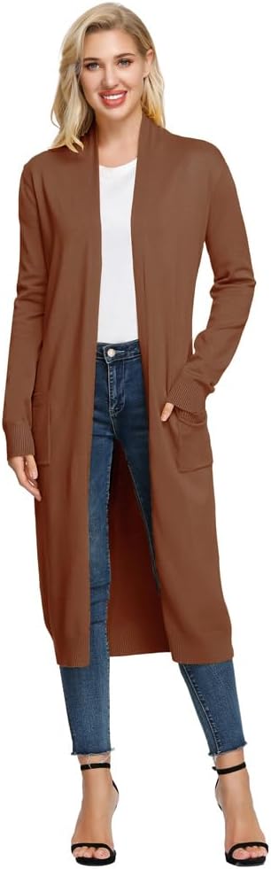 Detalle 2 de GRACE KARIN Essential Solid Maxi Knitted Cardigan for Women, Open Front