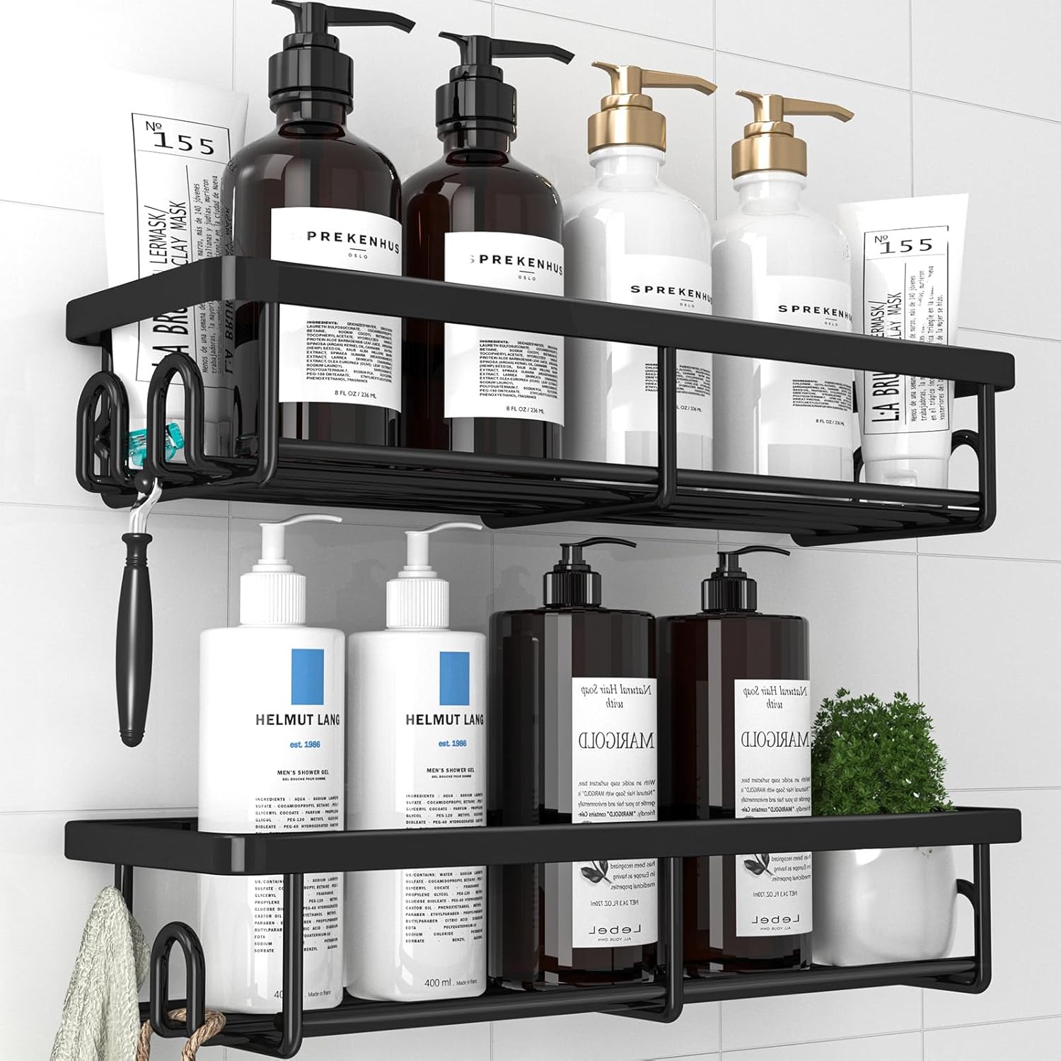 Detalle de Kitsure Étagère de Douche Sans Perçage – Lot de 2, Rangement Murale en Acier Inoxydable avec Crochets (Noir)