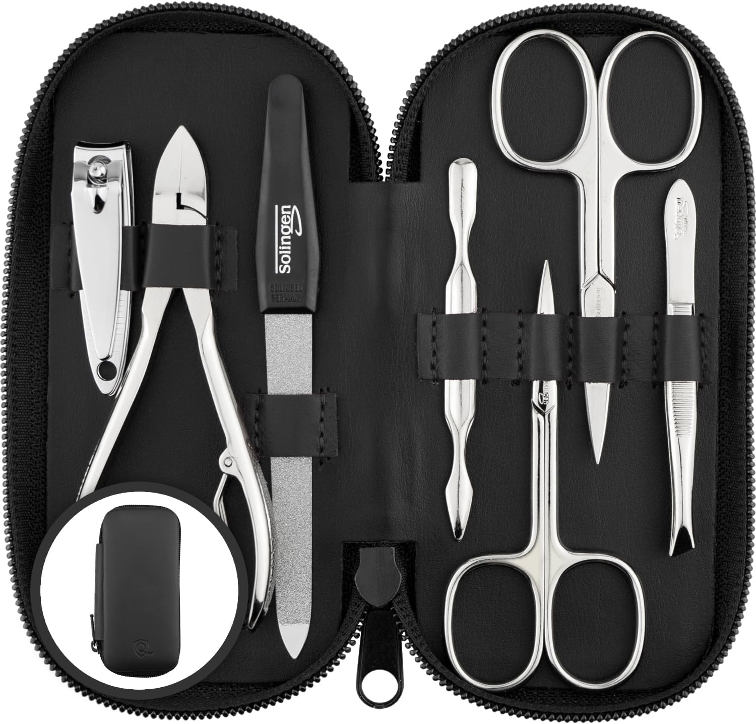 Detalle de Tagliaunghie Set Professionale 7 Pezzi Made in Germany – Solingen, con etui in vera pelle