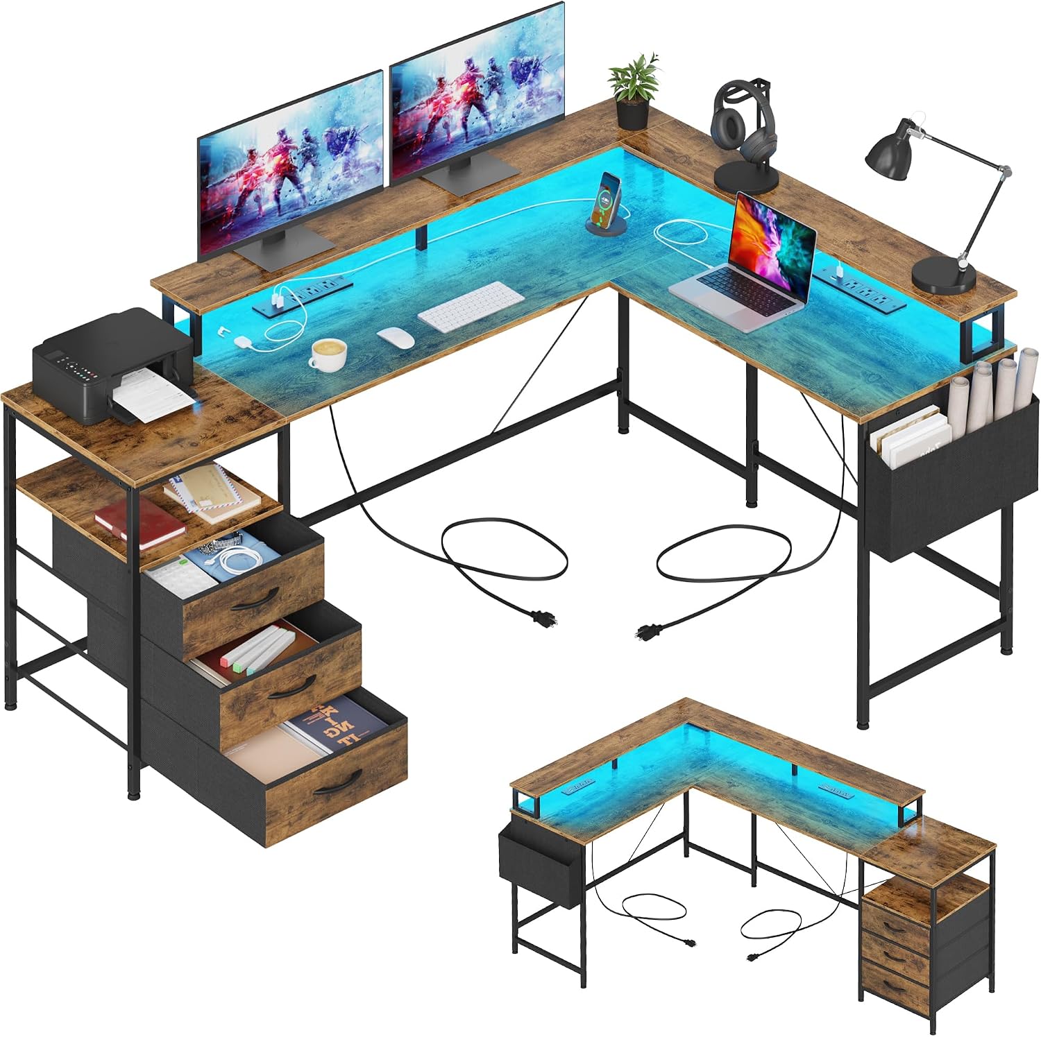 Detalle de GYIIYUO L-Shaped Desk, 66+43.3-Inch, LED, Drawers and Monitor Stands