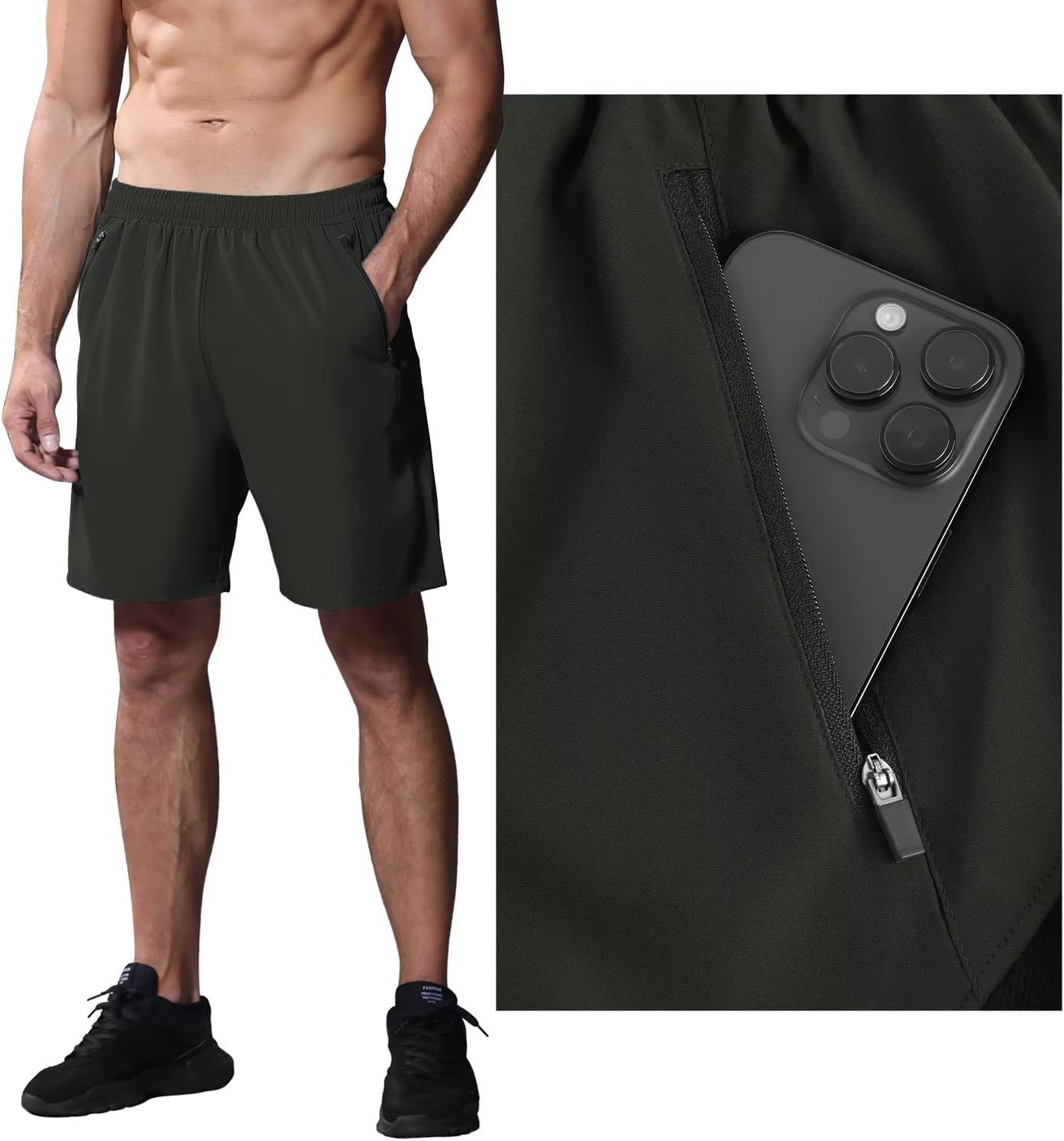 Detalle de HMIYA Men's Sport Shorts: Quick Dry, Lightweight Gym Short with Secure Zip Pockets