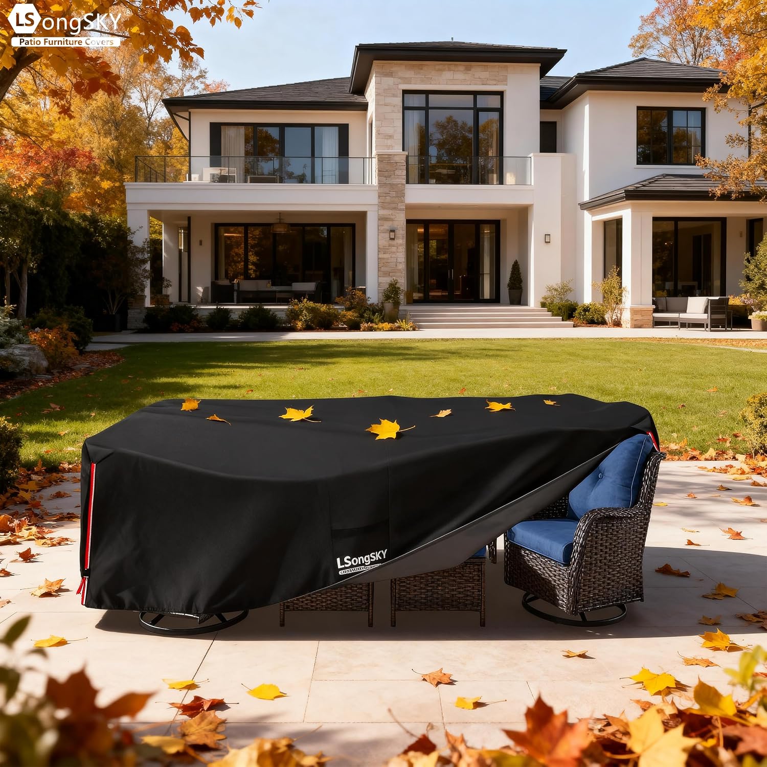 Detalle de LSongSKY Rectangular 111"L x 74"W Patio Furniture Cover, 600D Waterproof Oxford