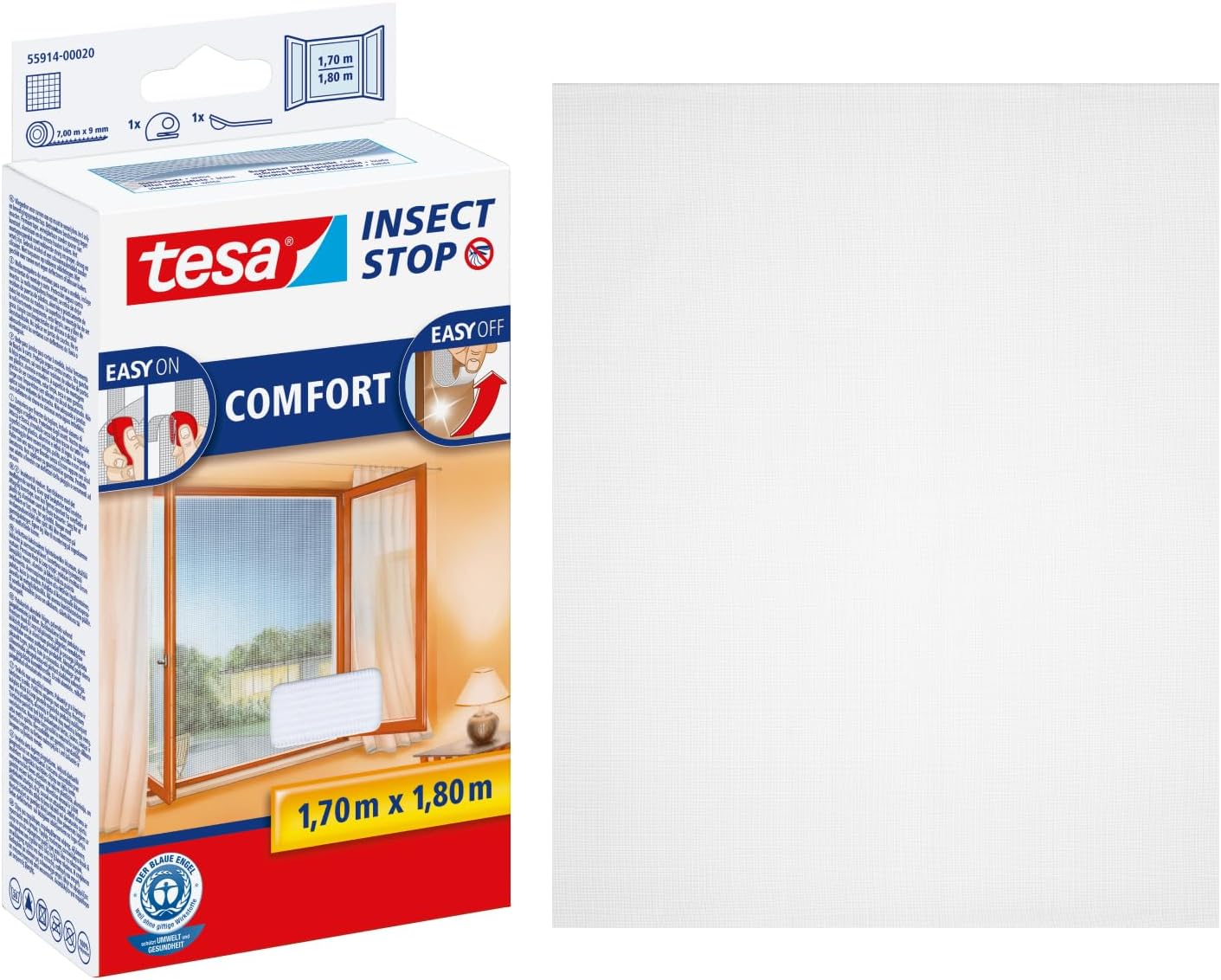 tesa Insect Stop Hook & Loop Comfort zanzariera per finestre con nastro a strappo rimovibile 170 x 180 cm, bianco