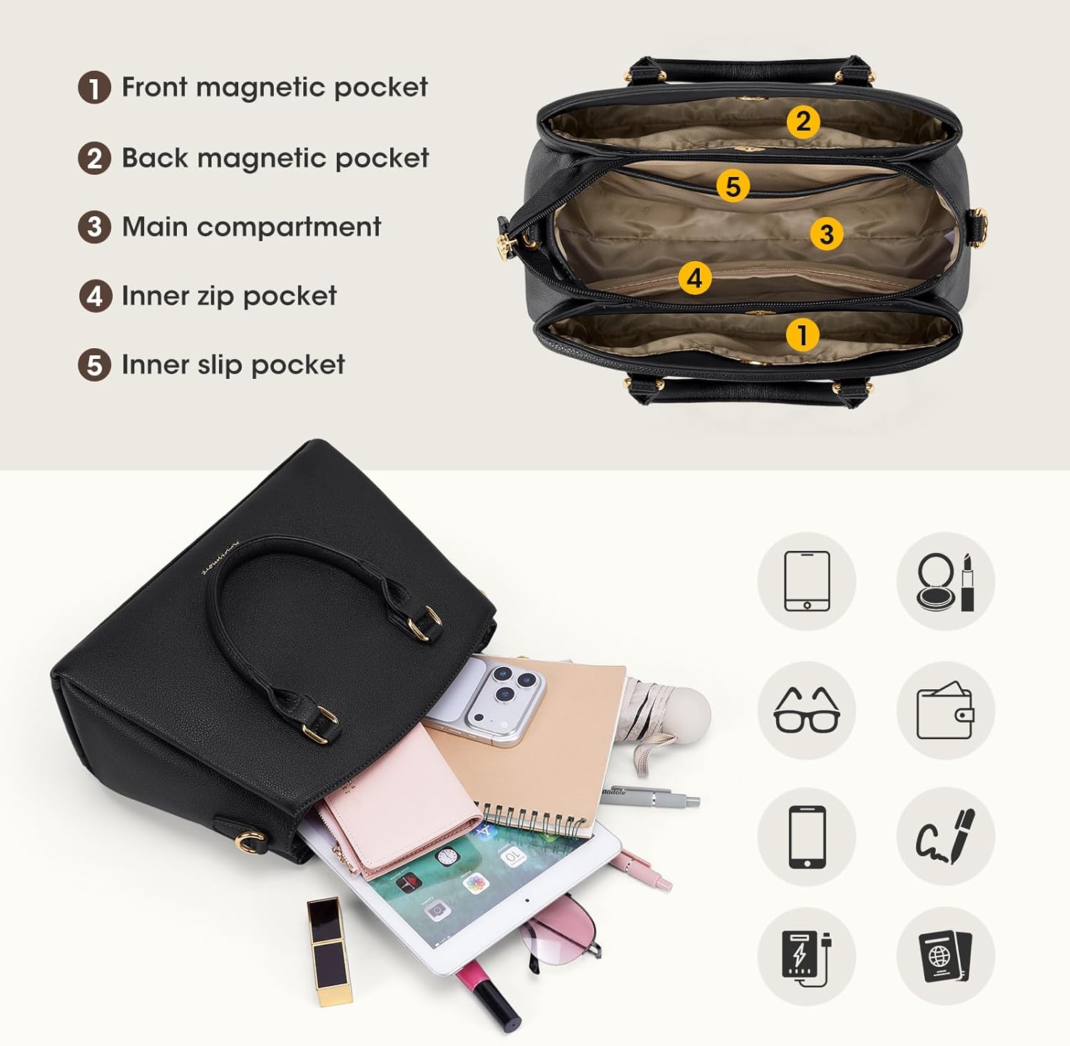 Thumbnail 3 de RAINSMORE Handtasche Damen mittelgroß aus PU mit abnehmbarem Schulterriemen – für 11-Zoll-Tablet & Büro (schwarz)