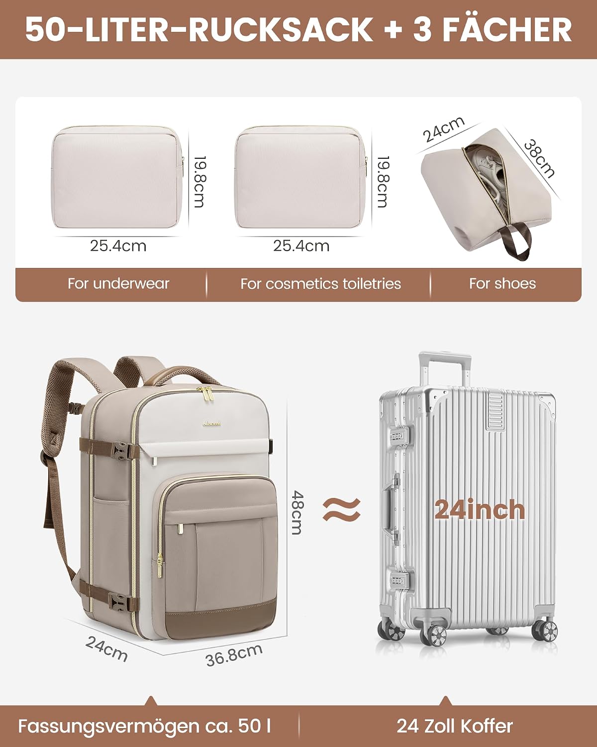 Thumbnail 2 de LOVEVOOK Rucksack Handgepäck Flugzeug 50L Khaki – Großer Reise-Rucksack mit 18 Zoll Laptopfach
