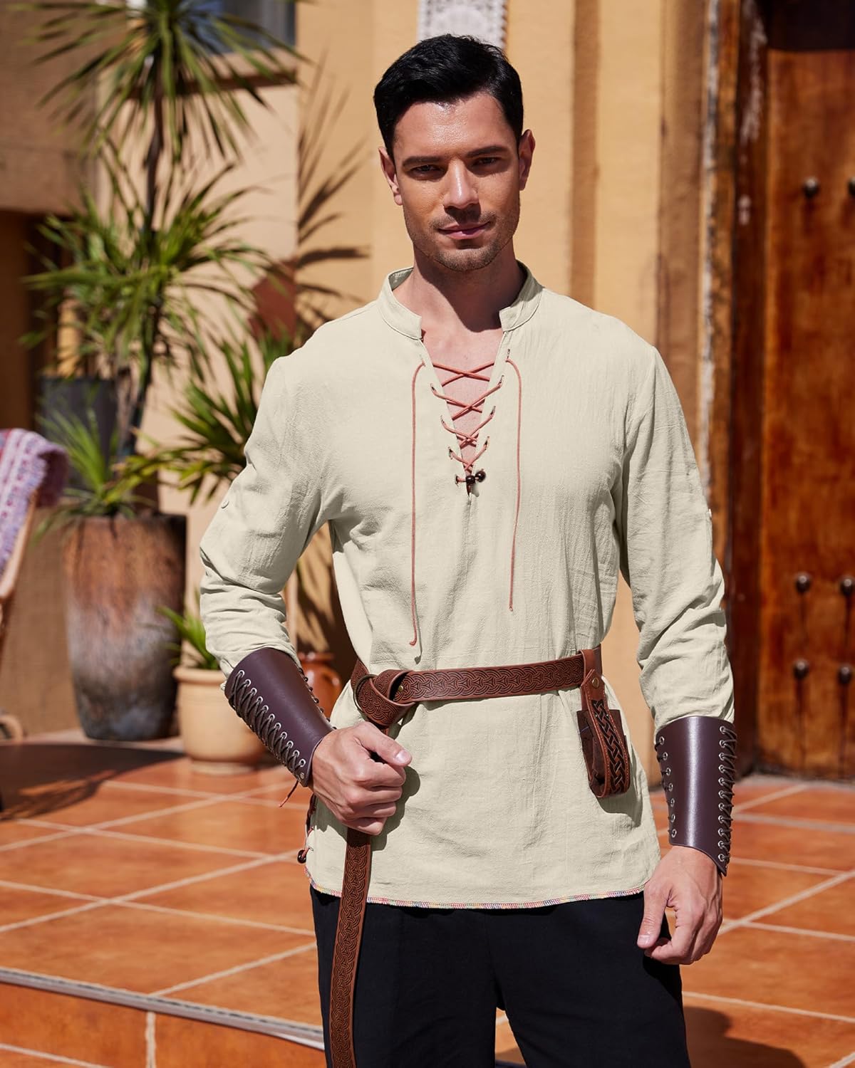 Thumbnail 2 de YAOHUOLE Men's Linen Shirt Long Sleeve Retro Lace Up – Classic Medieval/Viking-Inspired Top
