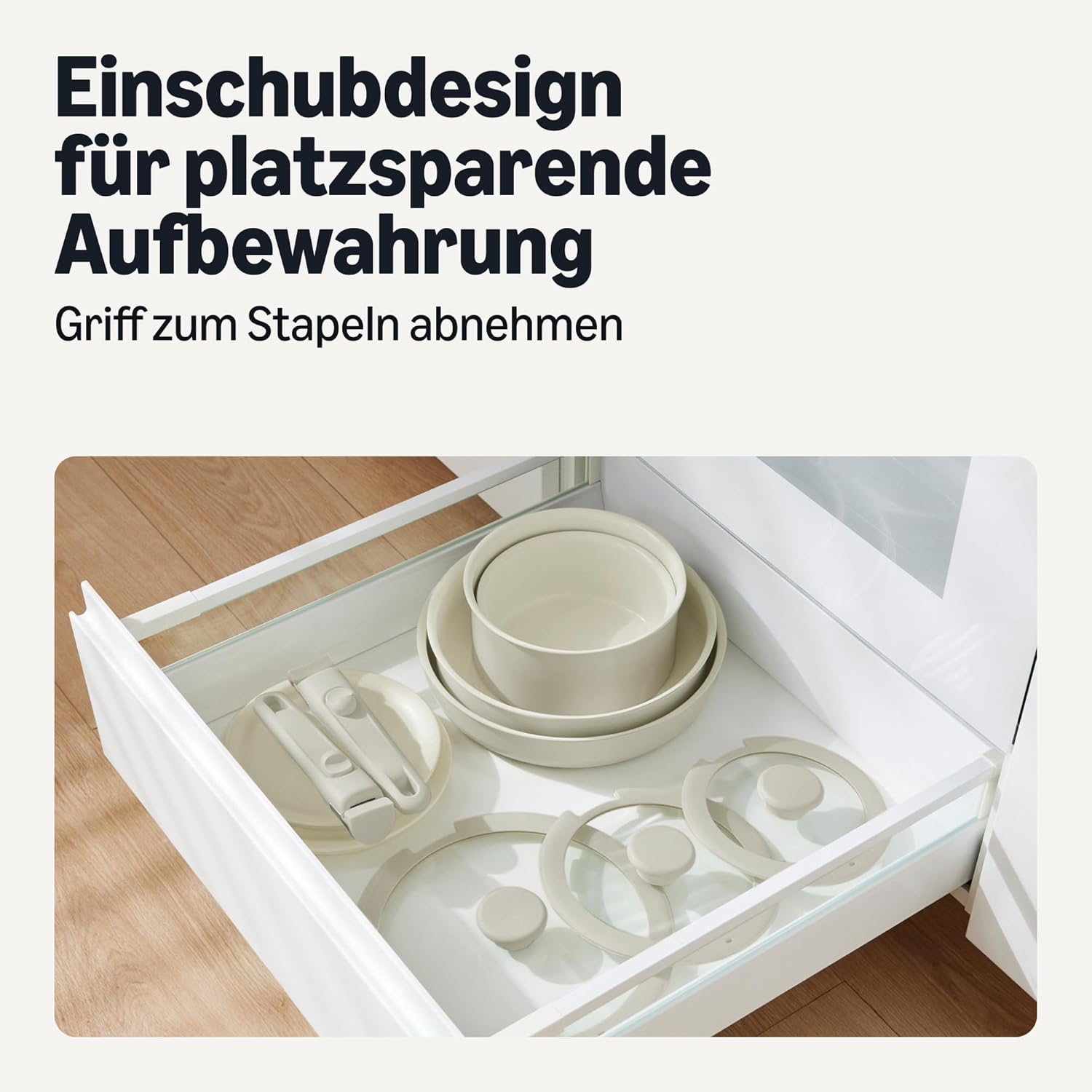 Detalle de Amazon Basics 11-teiliges stapelbares Antihaft-Keramikkochgeschirr-Set mit abnehmbaren Griffen – Leinengrau