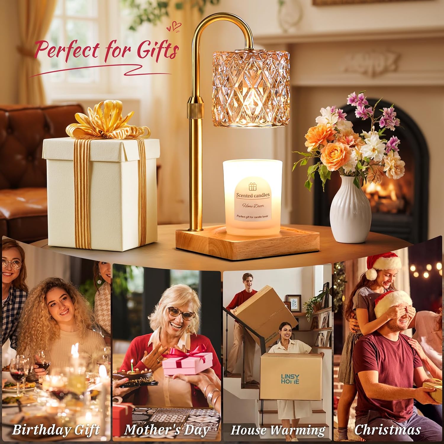 Detalle de Hong-in 6W8Q4 Candle Warmer Lamp with Timer, Adjustable Height and Amber Glass