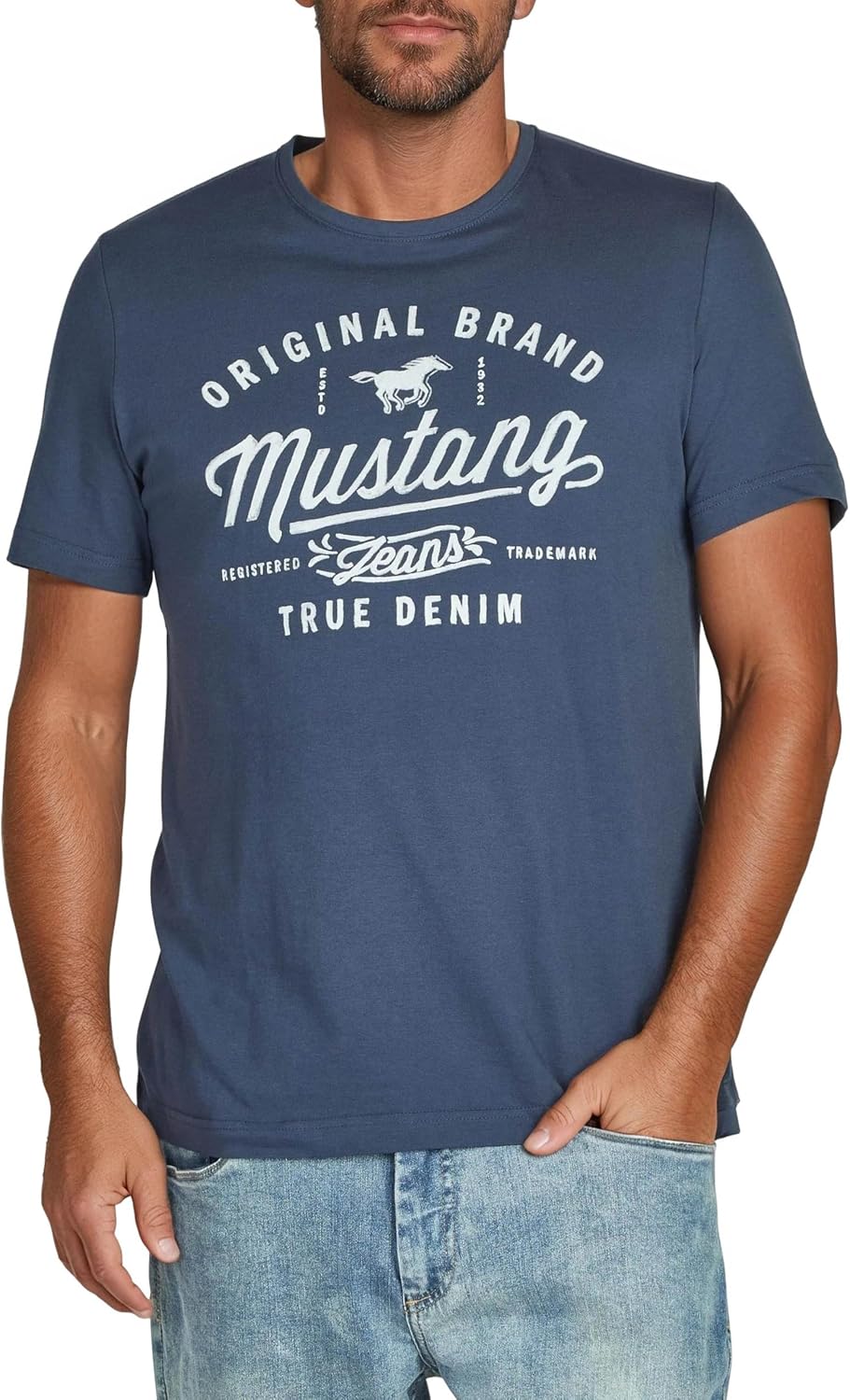 Detalle de MUSTANG Herren T-Shirt Regular Fit im 4er-Pack aus Baumwolle (Rundhals, Kurzarm) mit Logoprint