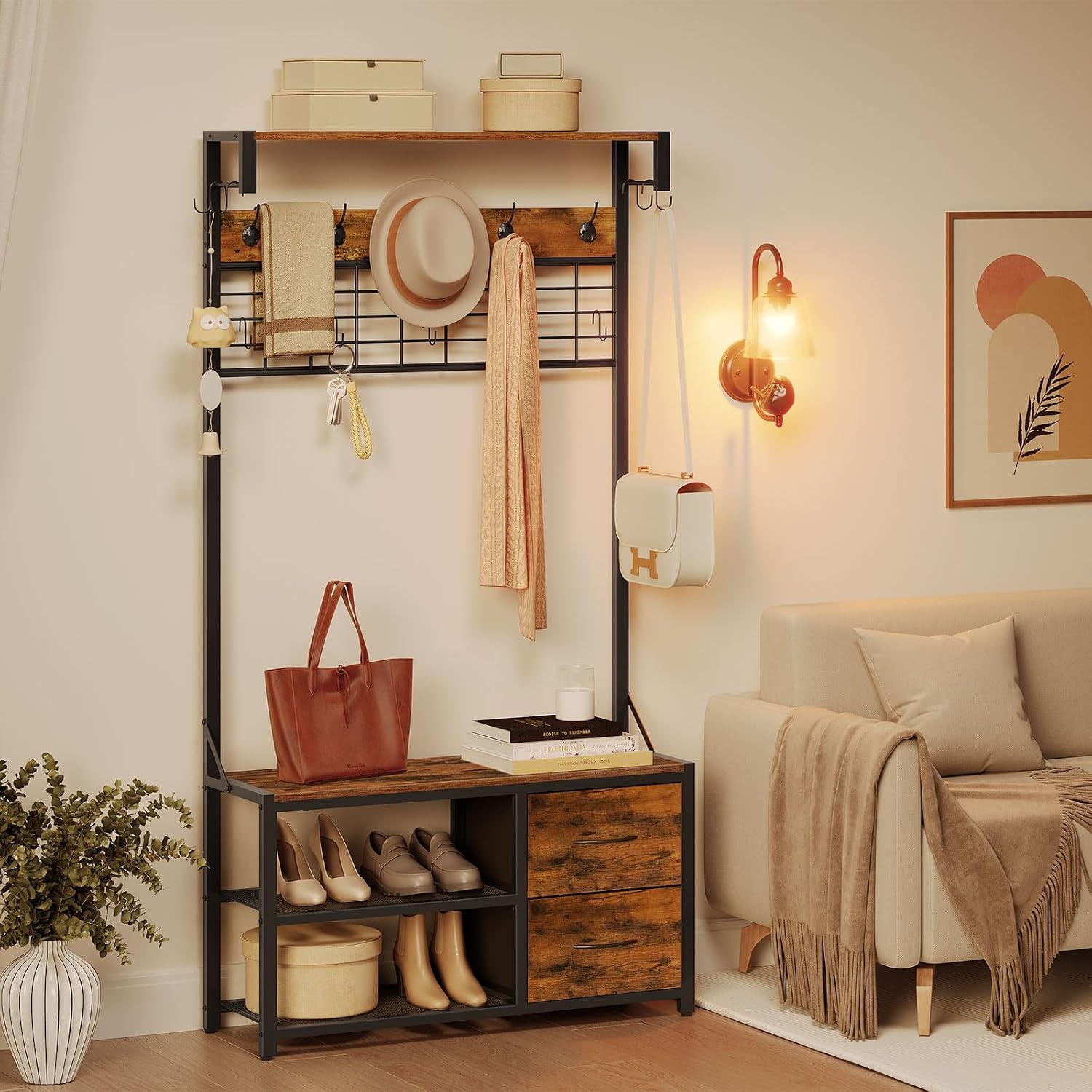 Detalle de HOOBRO Stand Appendiabiti, Panca Appendiabiti da Ingresso con Scarpiera e Cassetti – Marrone Vintage e Nero (EBF08MT01)