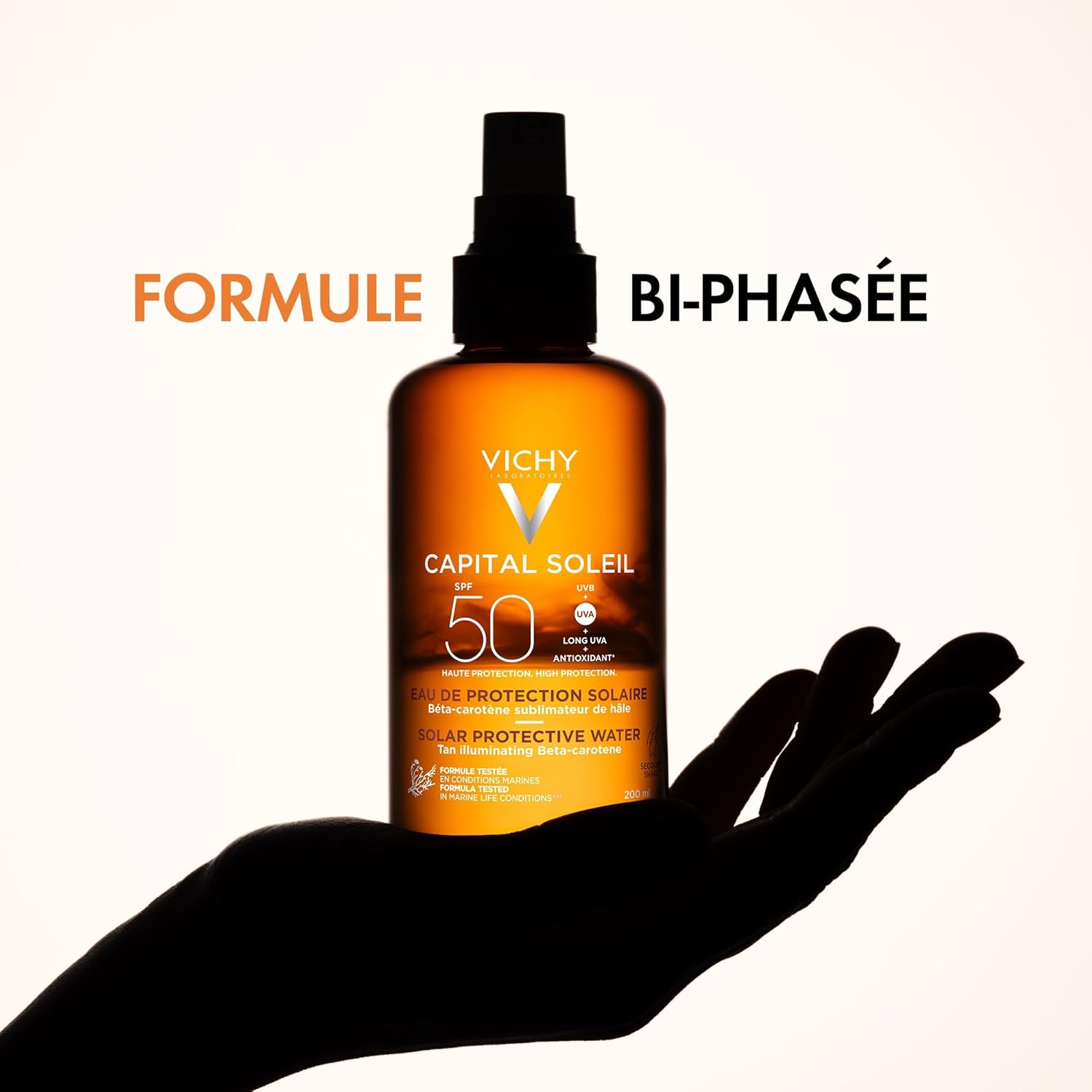 Detalle de Vichy Capitail Soleil Eau de Protection Solaire SPF 50 – Spray bi-phasé activateur de bronzage
