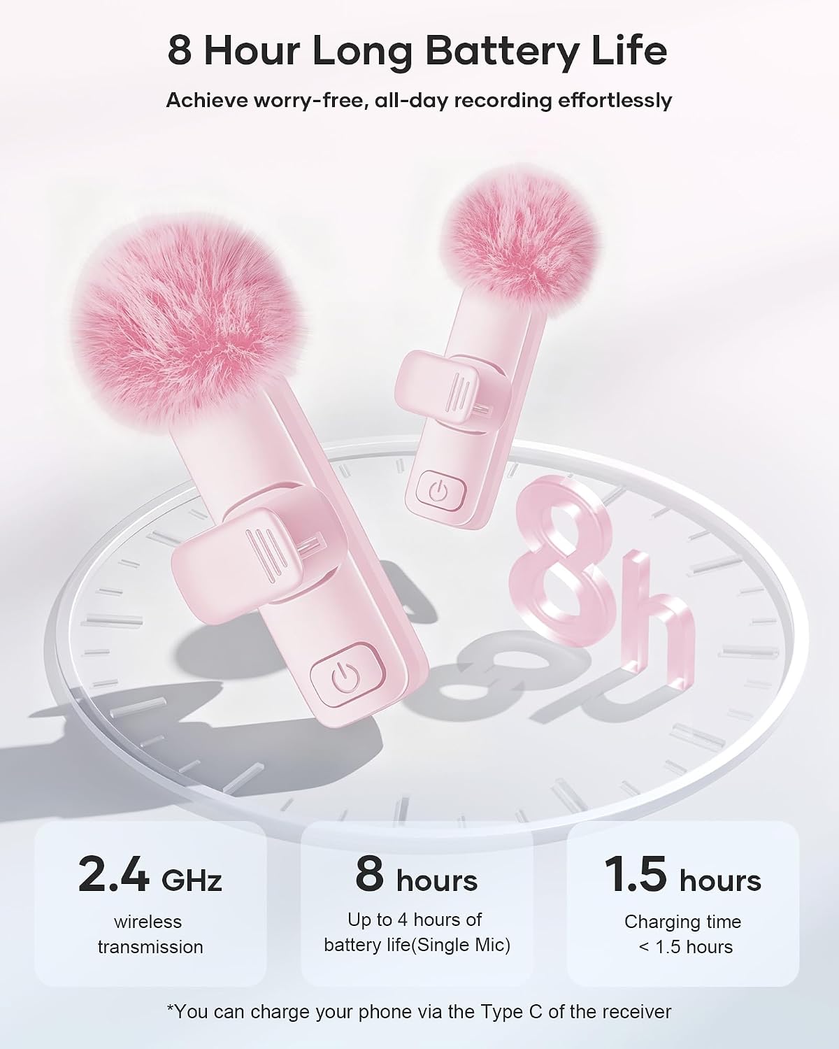 Detalle 2 de KUKIHO Mic-03 Wireless Lavalier Microphone, 2-Pack, Pink, USB-C