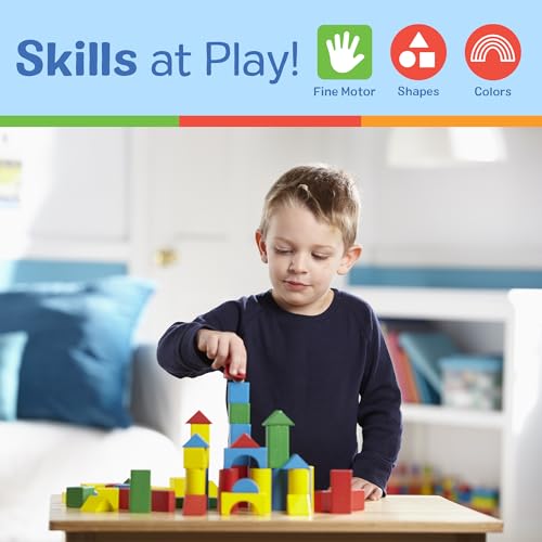 Detalle de Melissa & Doug Wooden Building Blocks, 100-Piece Set with 4 Colors and 9 Shapes