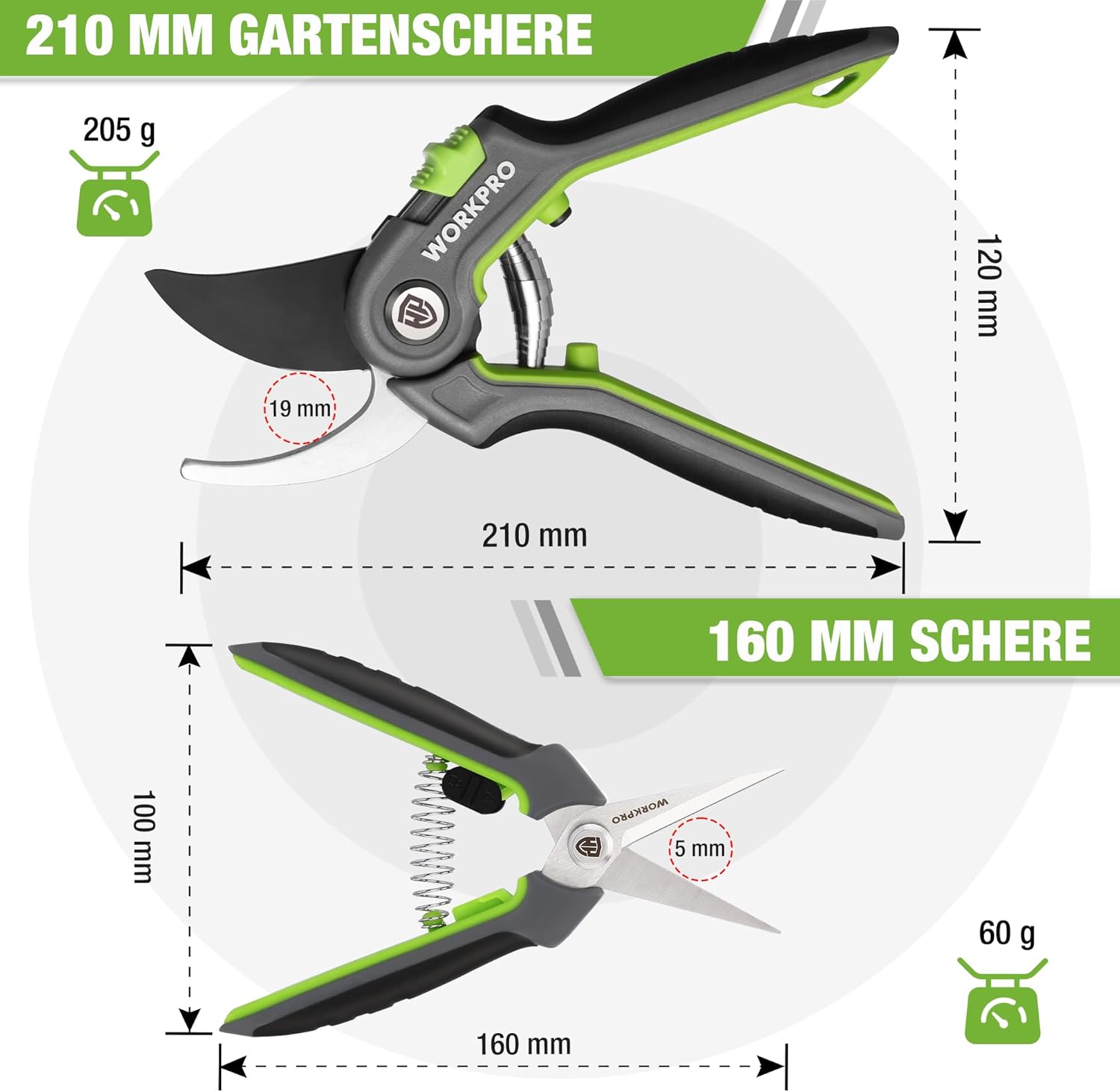 Detalle de WORKPRO Gartenschere Set 2-tlg. – Bypass-Astschere 210 mm und Ernteschere 160 mm für Gartenarbeit