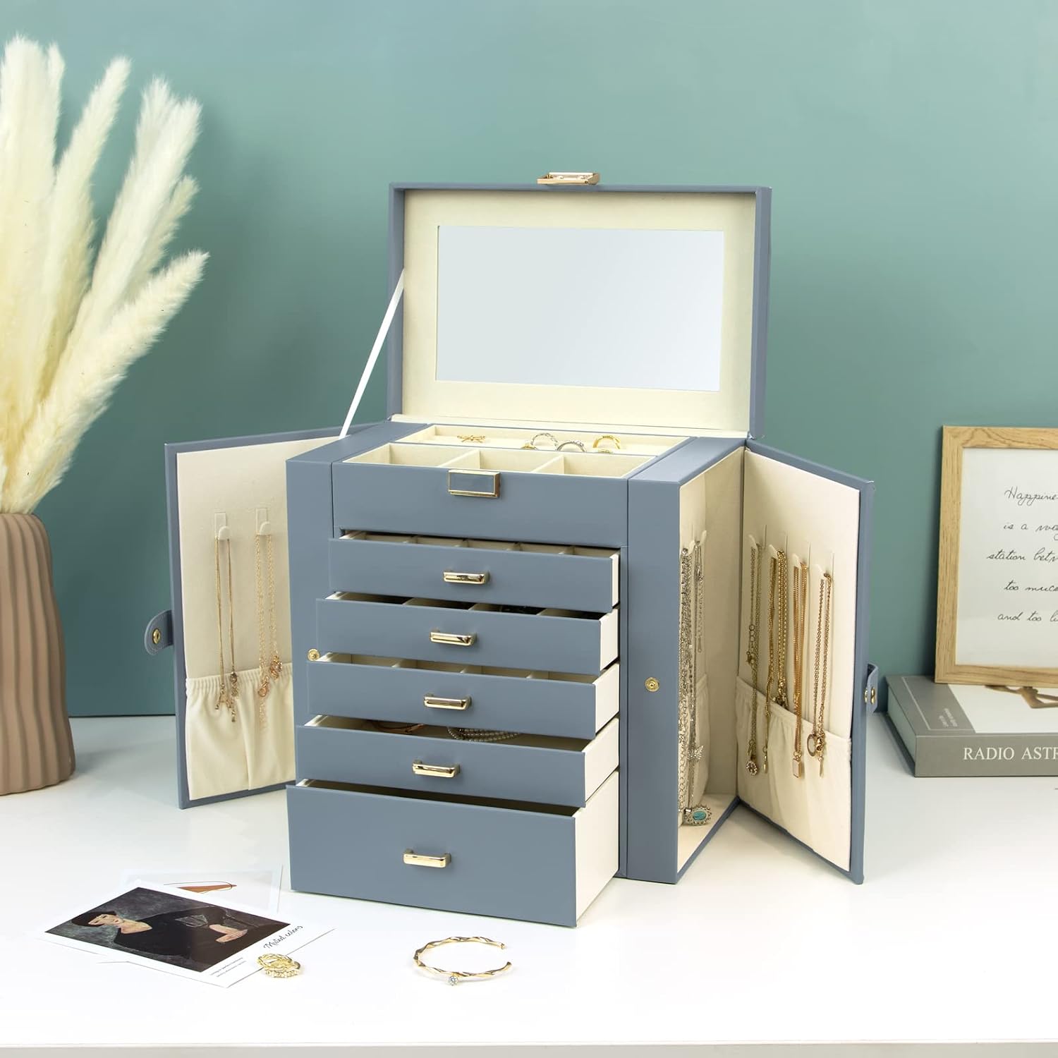 Detalle de KAMIER Boîte à bijoux pour femme – grande boîte de rangement à 6 couches avec miroir et 5 tiroirs, bleu-gris