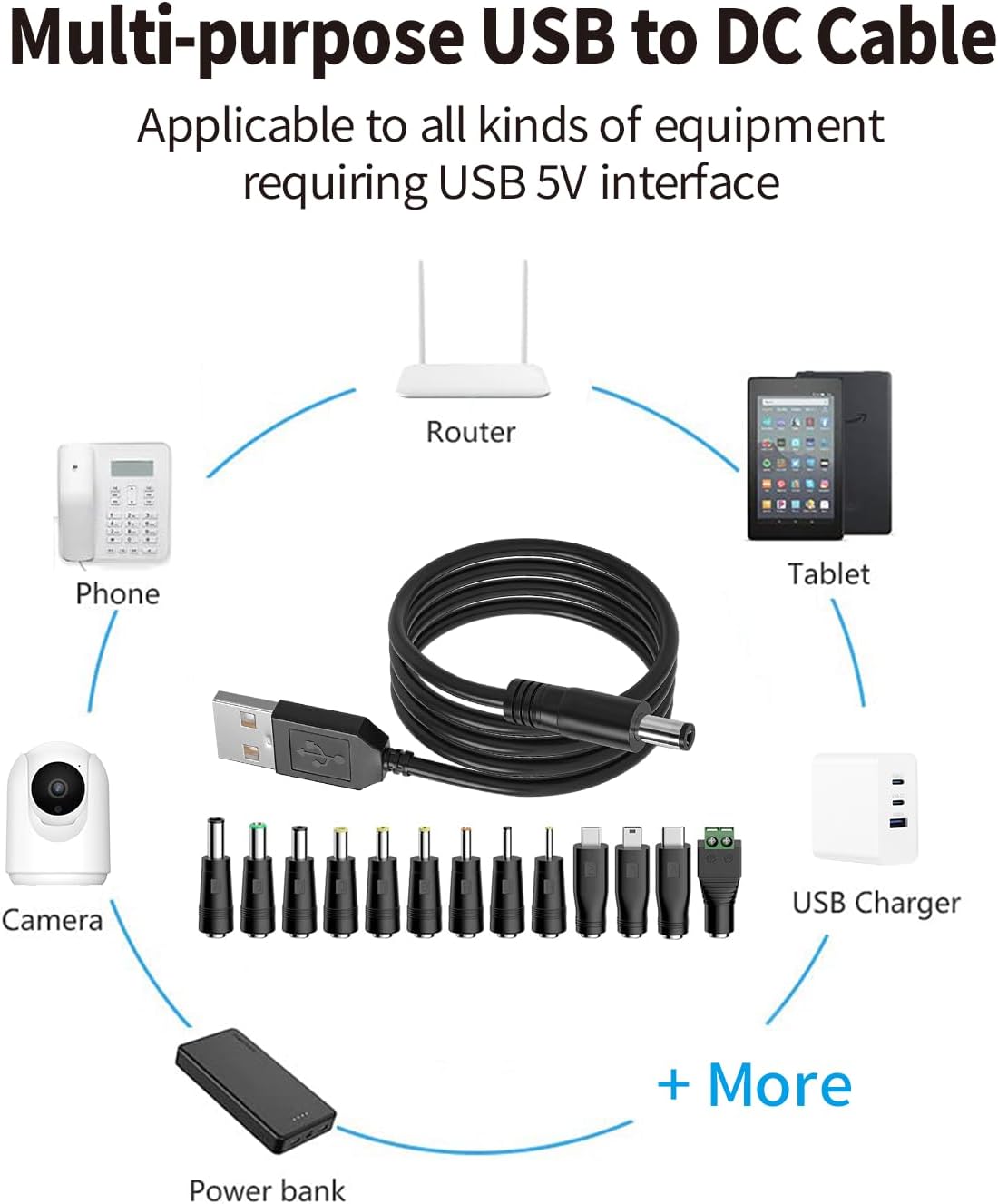 Thumbnail 3 de TONTON USB-A auf DC Stecker Ladekabel (13-in-1) mit 13 Hohlsteckern, 1,5 m, schwarz