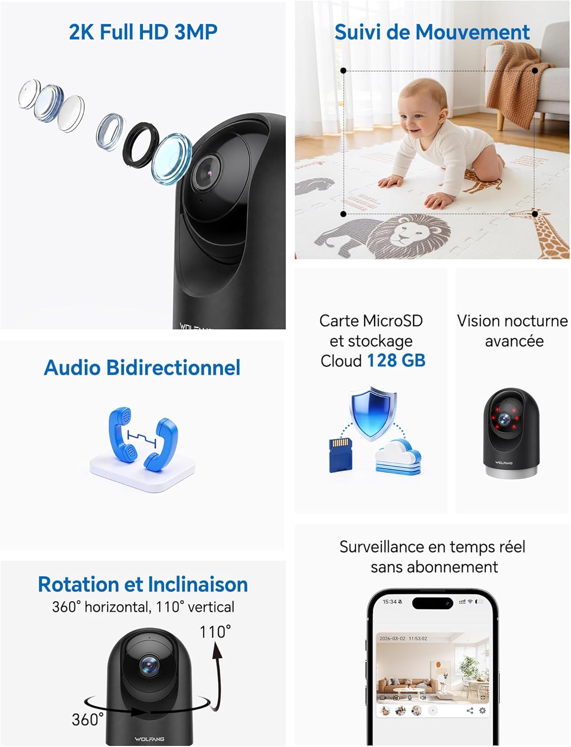 Detalle 2 de WOLFANG Camera Interieur 2K WiFi – Lot de 2, PTZ 360° avec Suivi Automatique et Audio Bidirectionnel