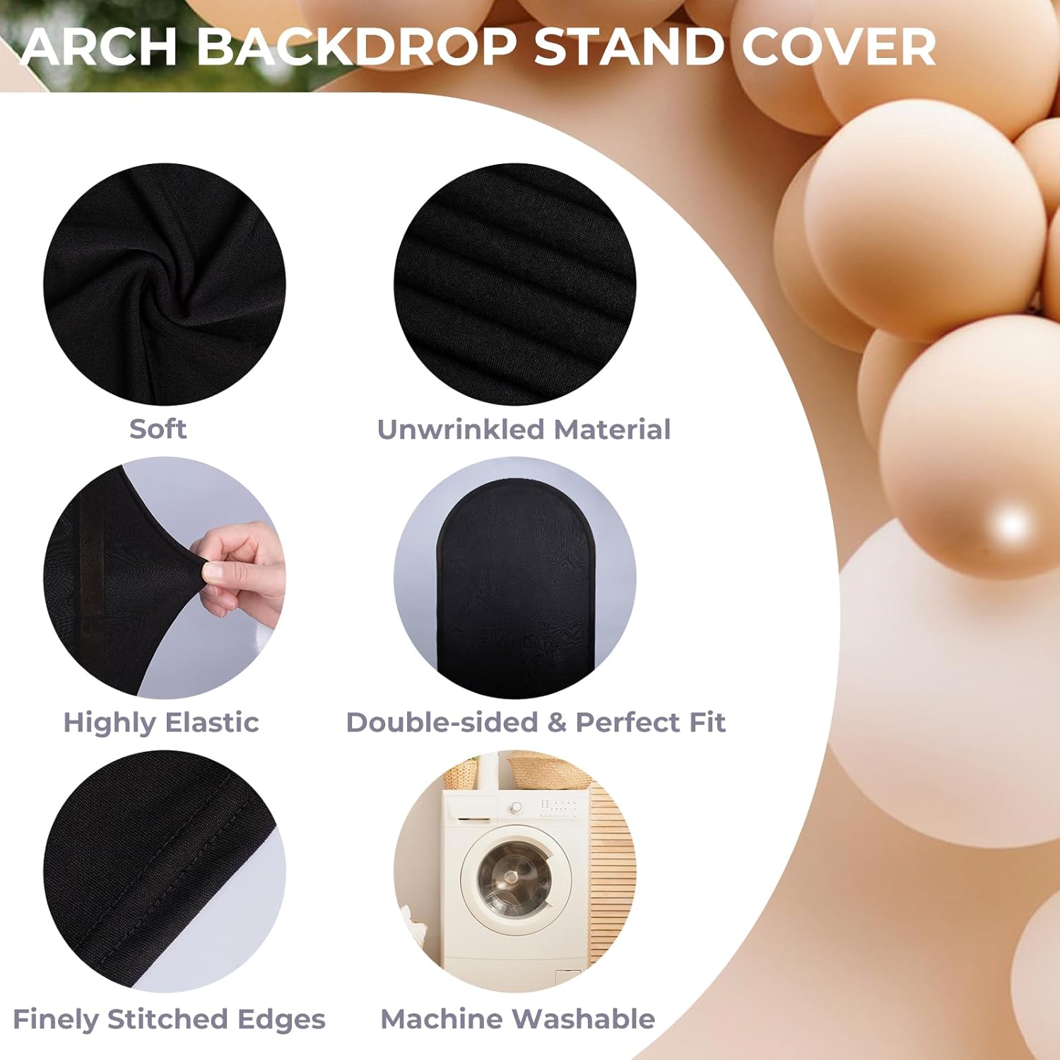 Thumbnail 3 de Babenest Black Wedding Arch Cover Set of 3 — Elastic Spandex Backdrop for 5ft/6.6ft/7.2ft Arches