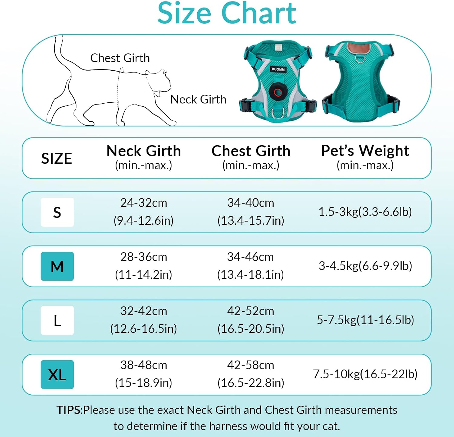 Detalle de Cat Harness and Leash Set with AirTag Holder (Teal) — Escape-Proof, Small Cat Vest for Outdoor Walks