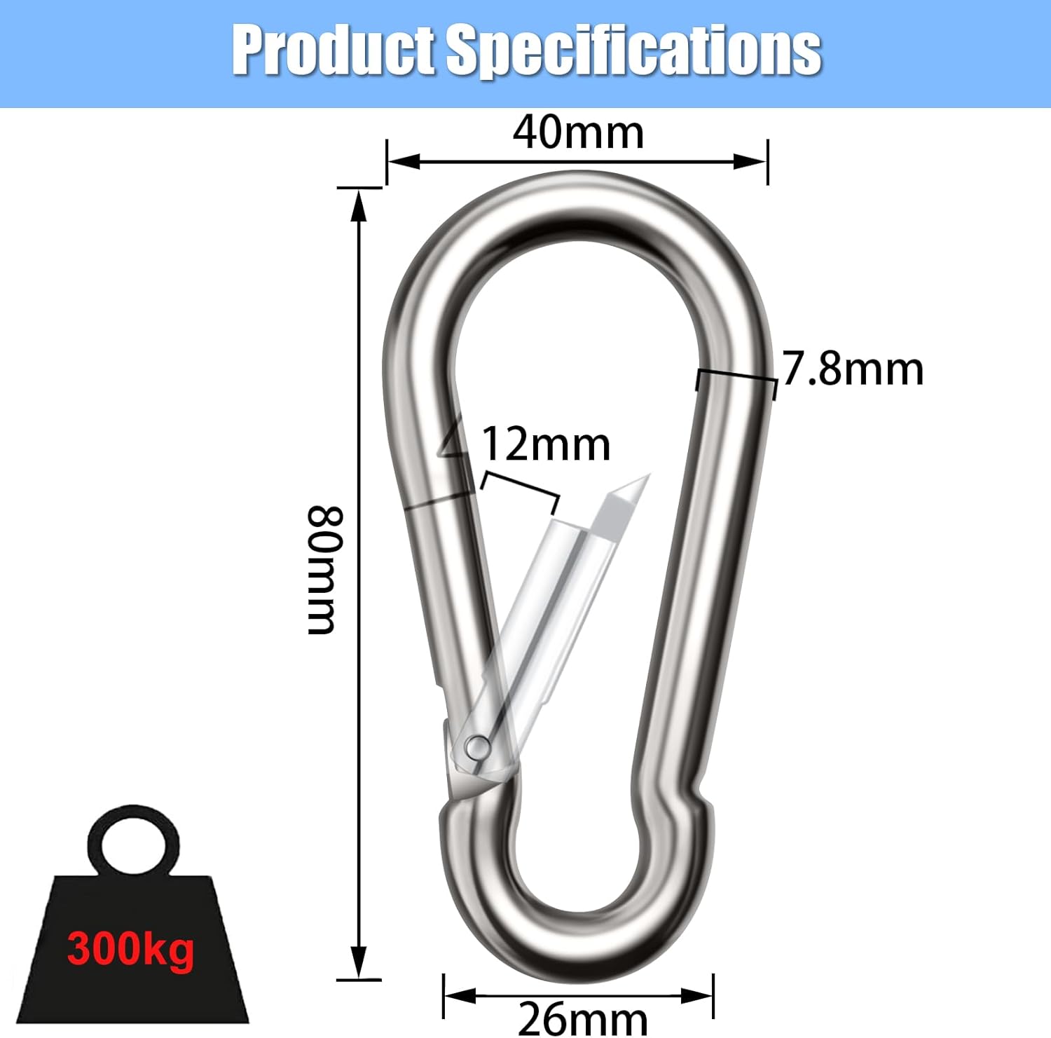Detalle 2 de Boxcute 6er Set Karabinerhaken groß, 80 mm – belastbar bis 400 kg, vernickelter Stahl