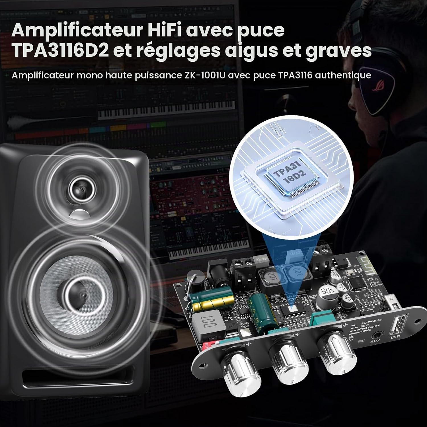 Detalle de ZHITING ZK-1001U mono-versterker, Bluetooth 5.3, TWS en 100 W
