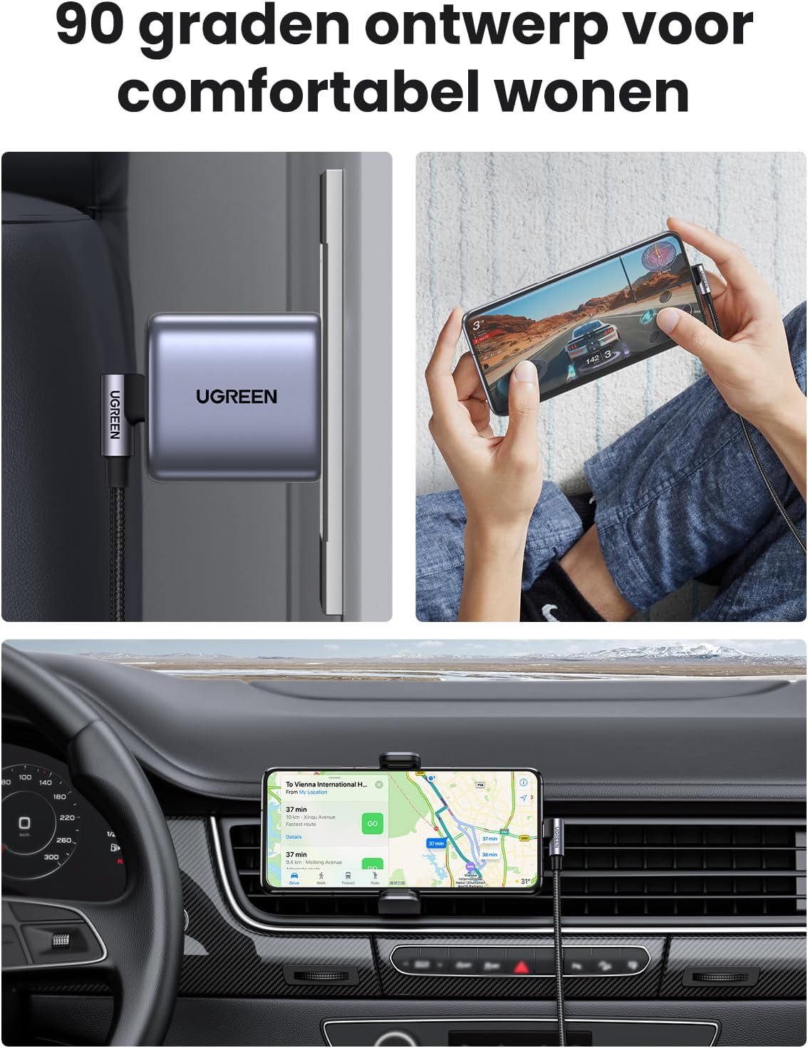 Detalle 1 de UGREEN 60W USB-C-naar-USB-C-kabel van 1 m met haakse stekker