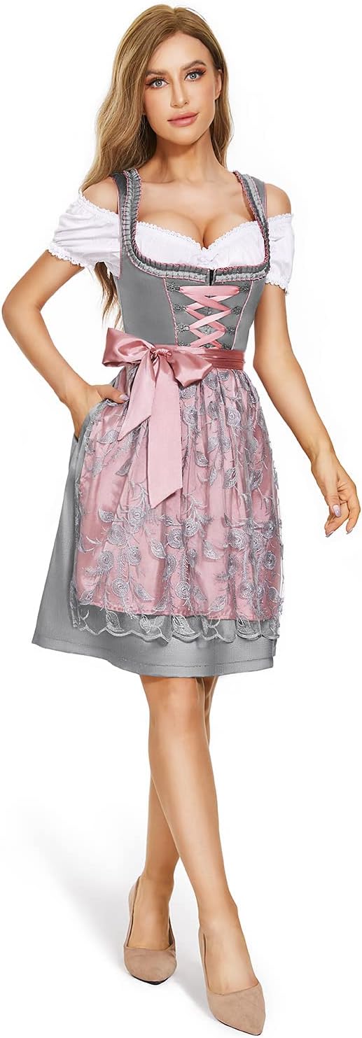 Thumbnail 1 de AMZHOTER Dirndl Damen midi Trachtenkleid 3-teilig inkl. Bluse und Schürze – Grau/Dunkelblau
