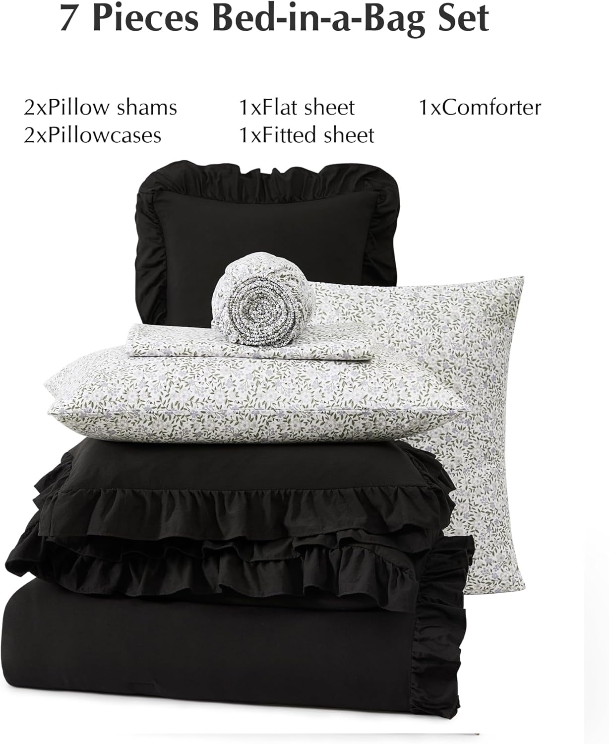 Thumbnail 6 de BLOOMHAVEN Queen Comforter Set - 7 Pieces with Ruffle Edge, Floral Black Bedding