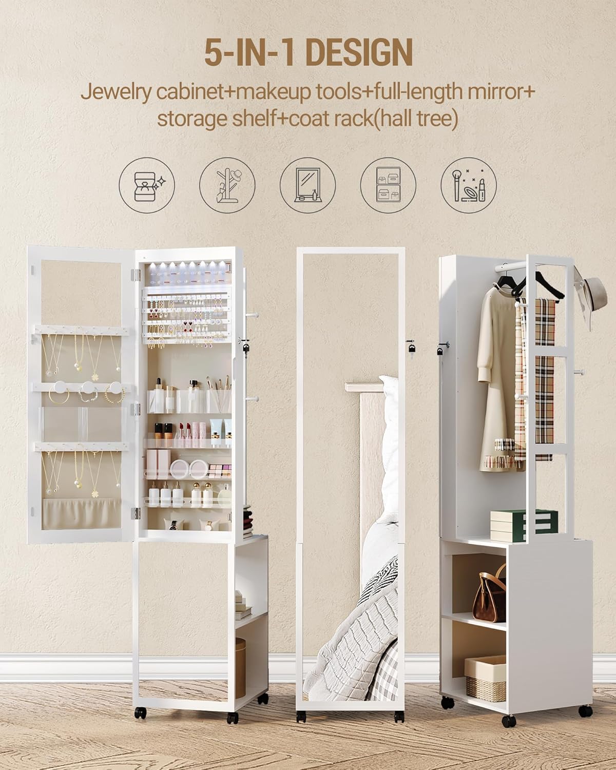Thumbnail 3 de Hzuaneri Armoire à Bijoux 8 LEDs 175 cm – Organisateur sur Pied avec Miroir Verrouillable et Porte-Vêtements