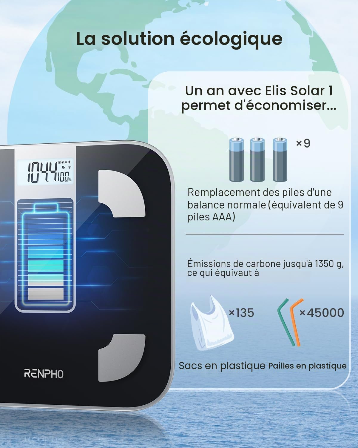 Thumbnail 2 de RENPHO Balance Pèse-Personne Solaire sans pile — Balance connectée avec app et 13 analyses corporelles