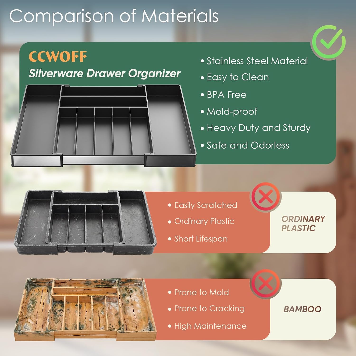 Thumbnail 2 de CCWOFF Expandable Silverware Organizer, 9 Compartments, Stainless Steel Frame, Black