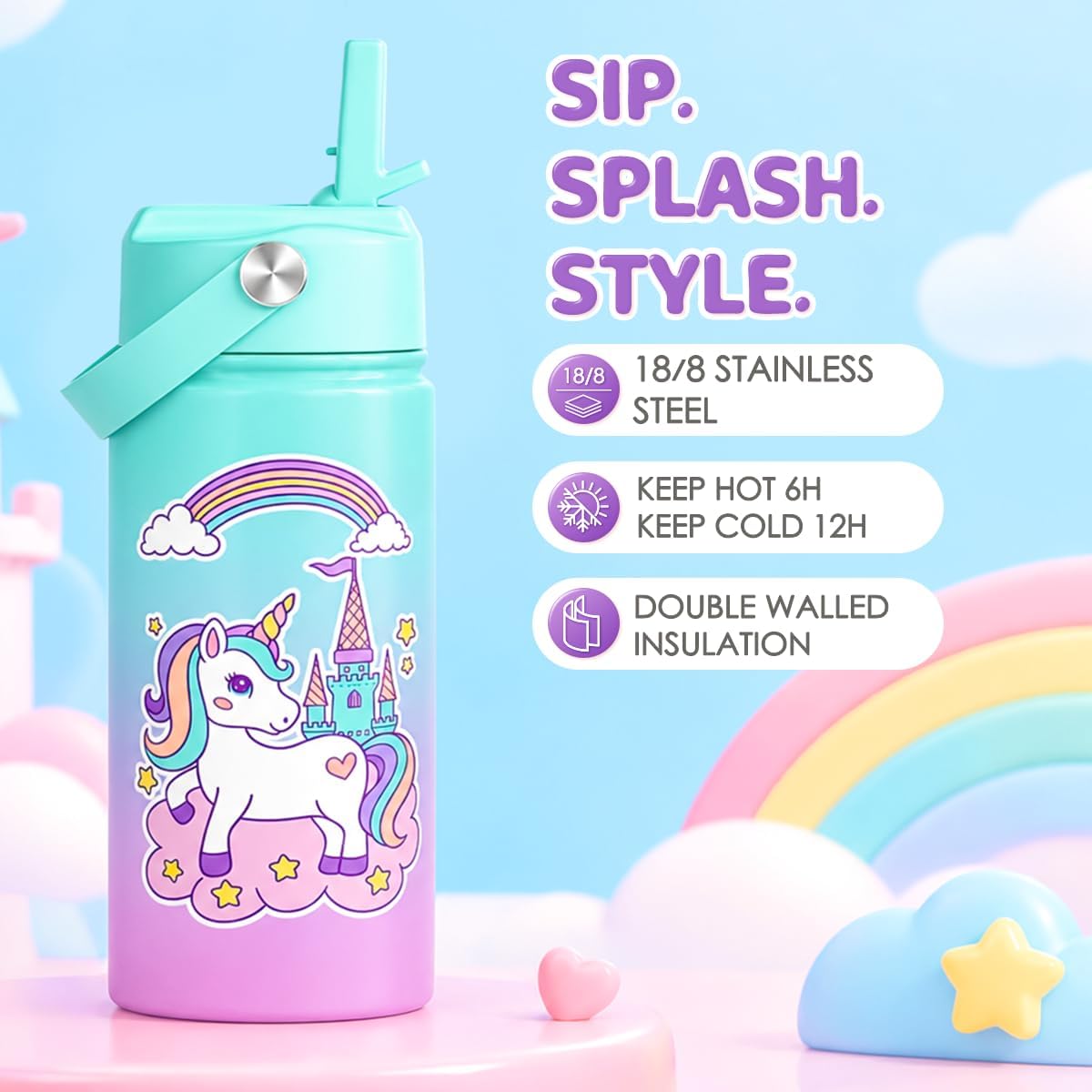 Detalle de SANDJEST SJ-DW-SS-WB12SL Kids’ Insulated Stainless Steel Water Bottle, 12 oz