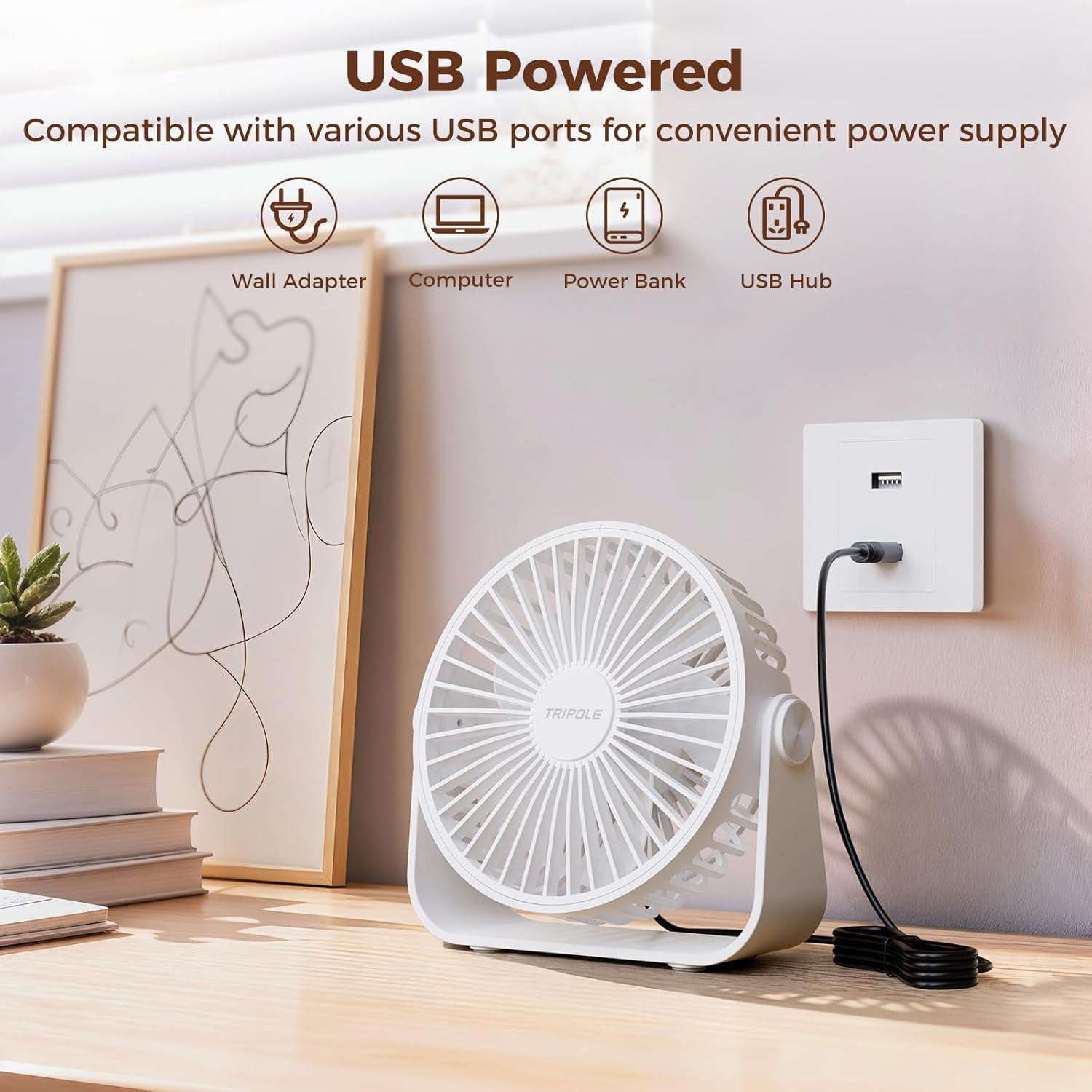 Detalle de TriPole USB Desk Fan: 4.5 Inch, 360° Rotation, 3 Adjustable Speeds