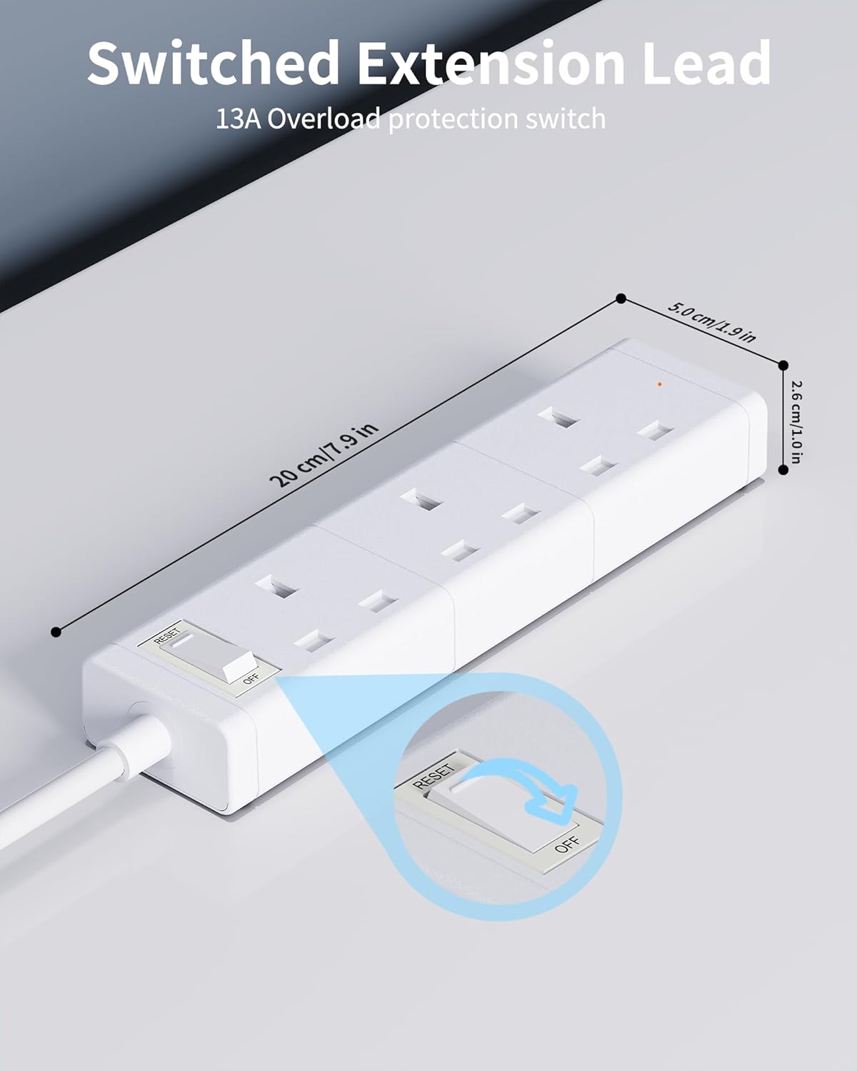 Detalle de Extension Lead with USB Slots: 3-Gang Power Strip with 2 USB-A and 1 USB-C, 1.2m Cable