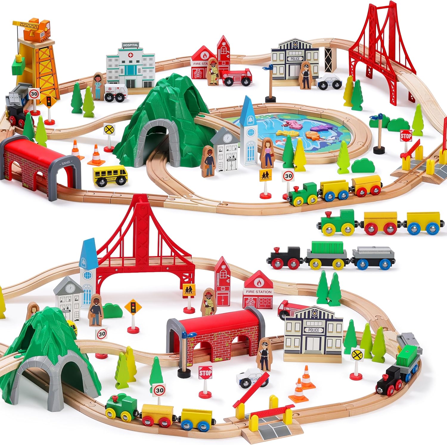 SainSmart Jr. Holzeisenbahn Set 112 Teile – Großes City Zugset mit Brücke, Tunnel & Zubehör
