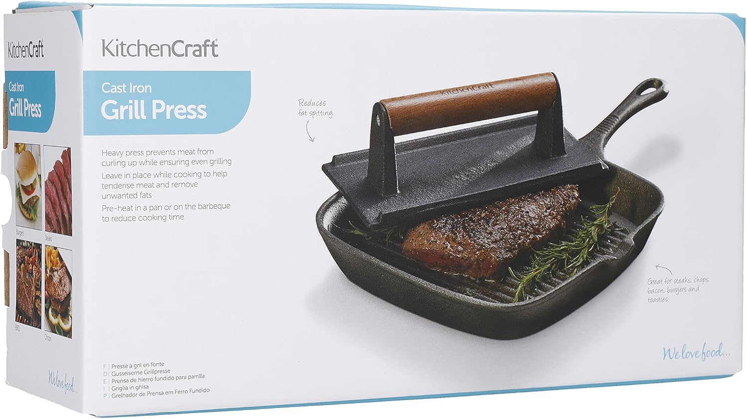 Detalle de KitchenCraft KC Blue gietijzeren grillpers met houten handgreep, 21 x 11 x 8 cm