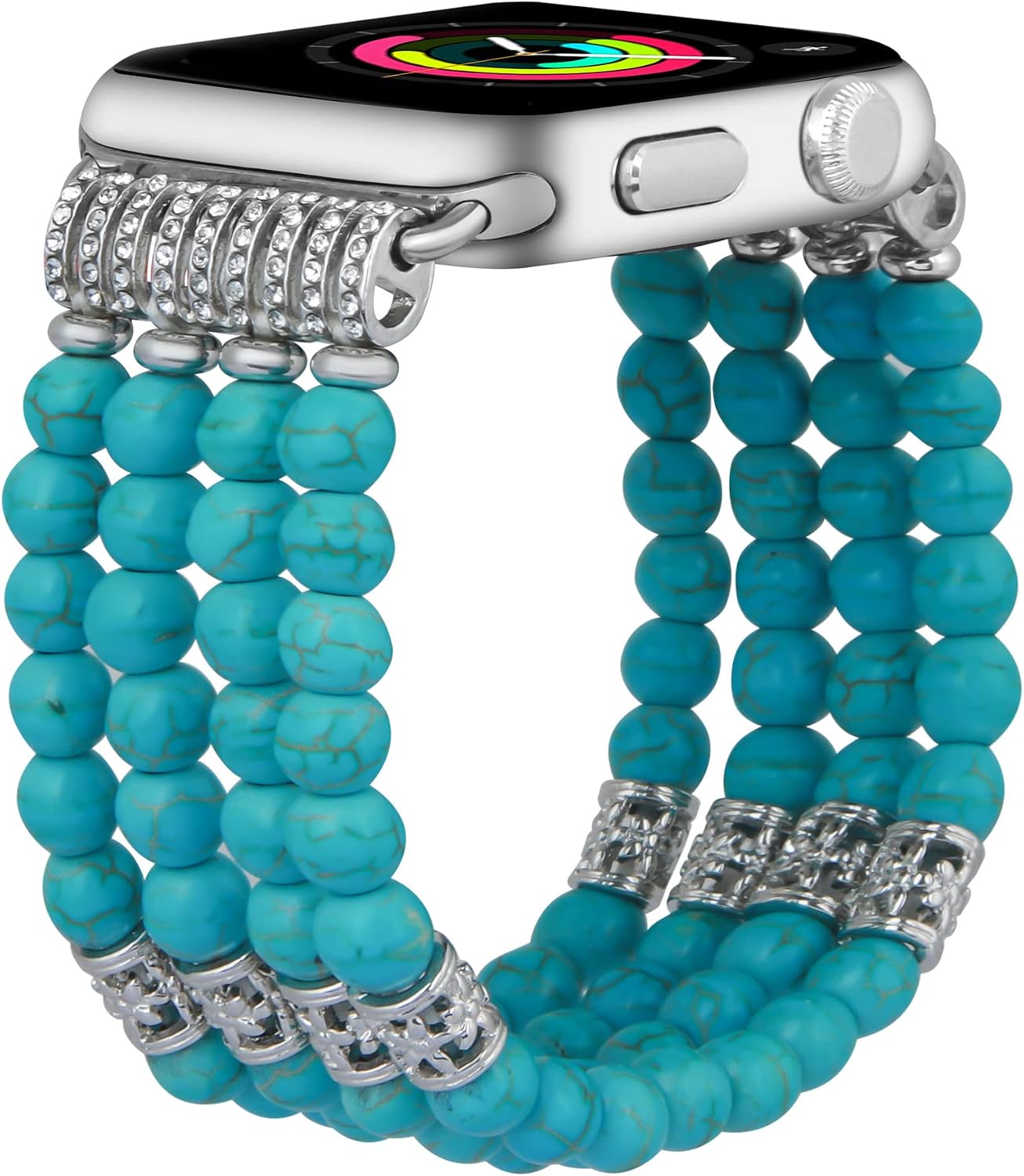 Detalle de GEMEK Turquoise Pearl Beaded Elastic Apple Watch Strap (42–49mm) – Handmade Stretch Bracelet