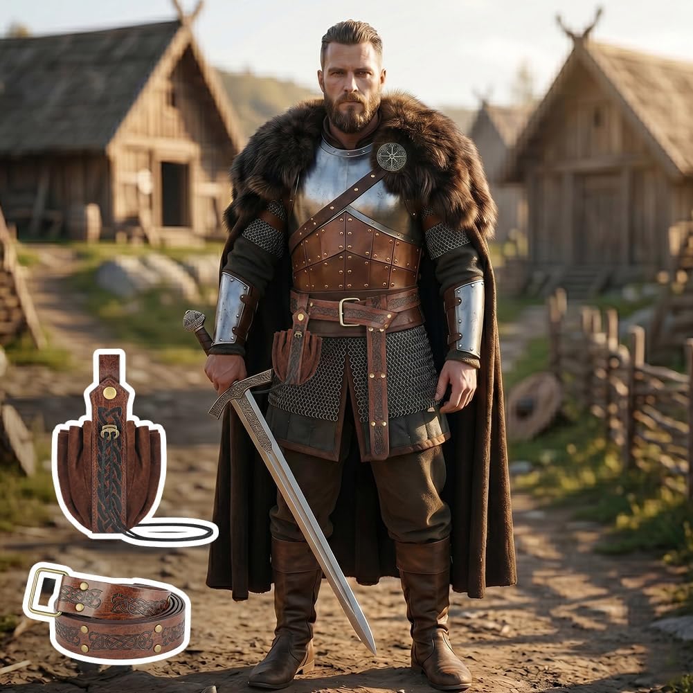 Detalle de AYBUY Ceinture Médiévale avec Relief Nordique et Sac de Ceinture Viking en Simili-Cuir – Brun-C