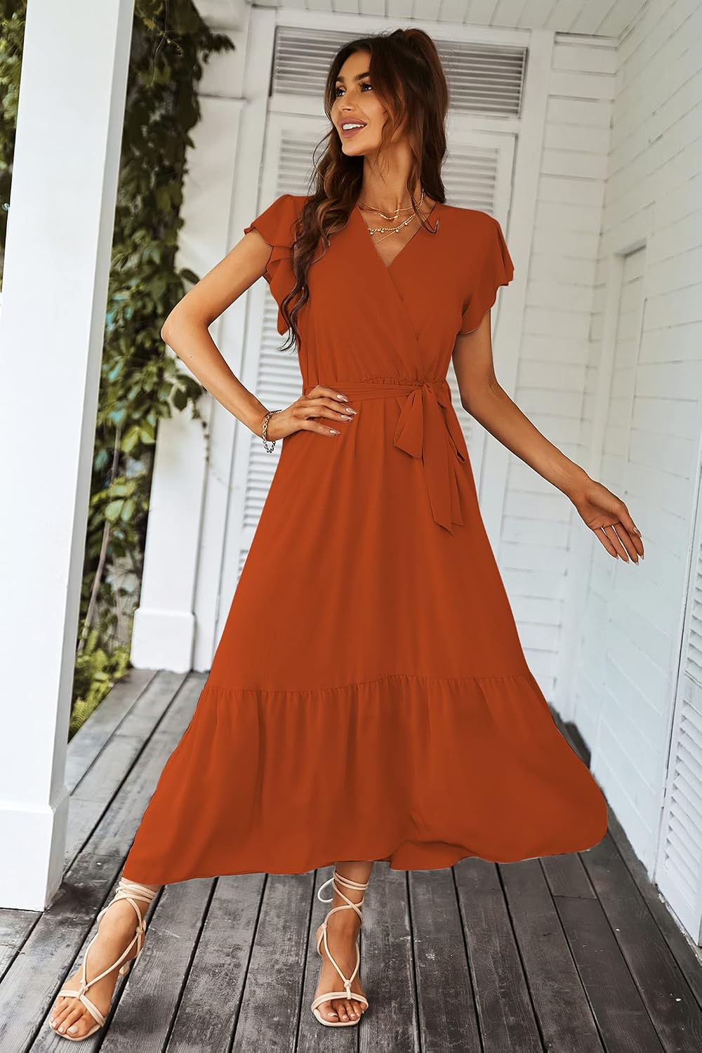 Detalle 2 de PRETTYGARDEN Women's Summer Floral Boho Maxi Dress - Wrap V-Neck, Ruffle Hem, Short Sleeves