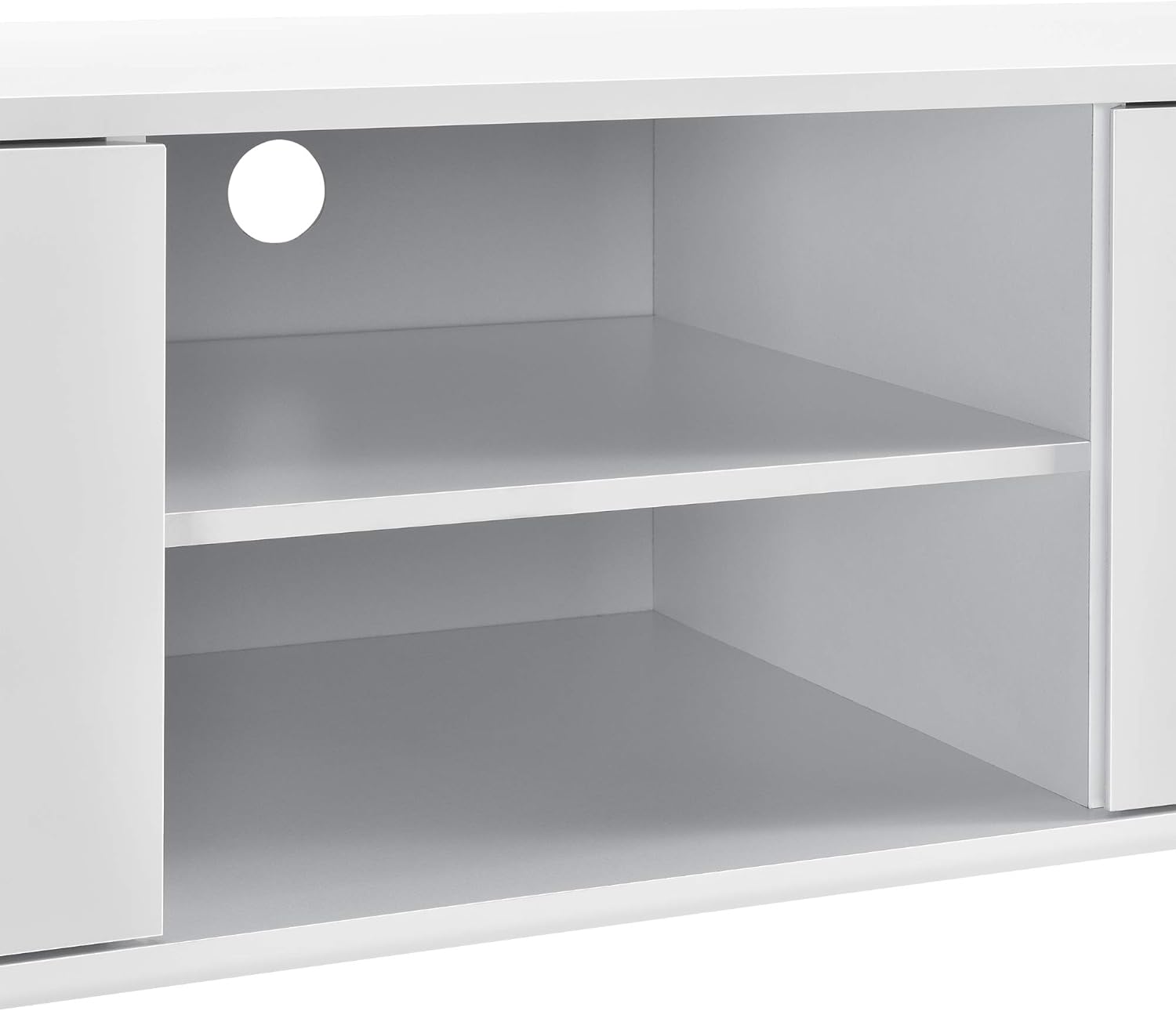 Detalle de Mobile TV a 2 ante con scomparti chiusi e aperti, tavolino basso, porta TV e foro passacavi in Bianco Lucido – en.casa