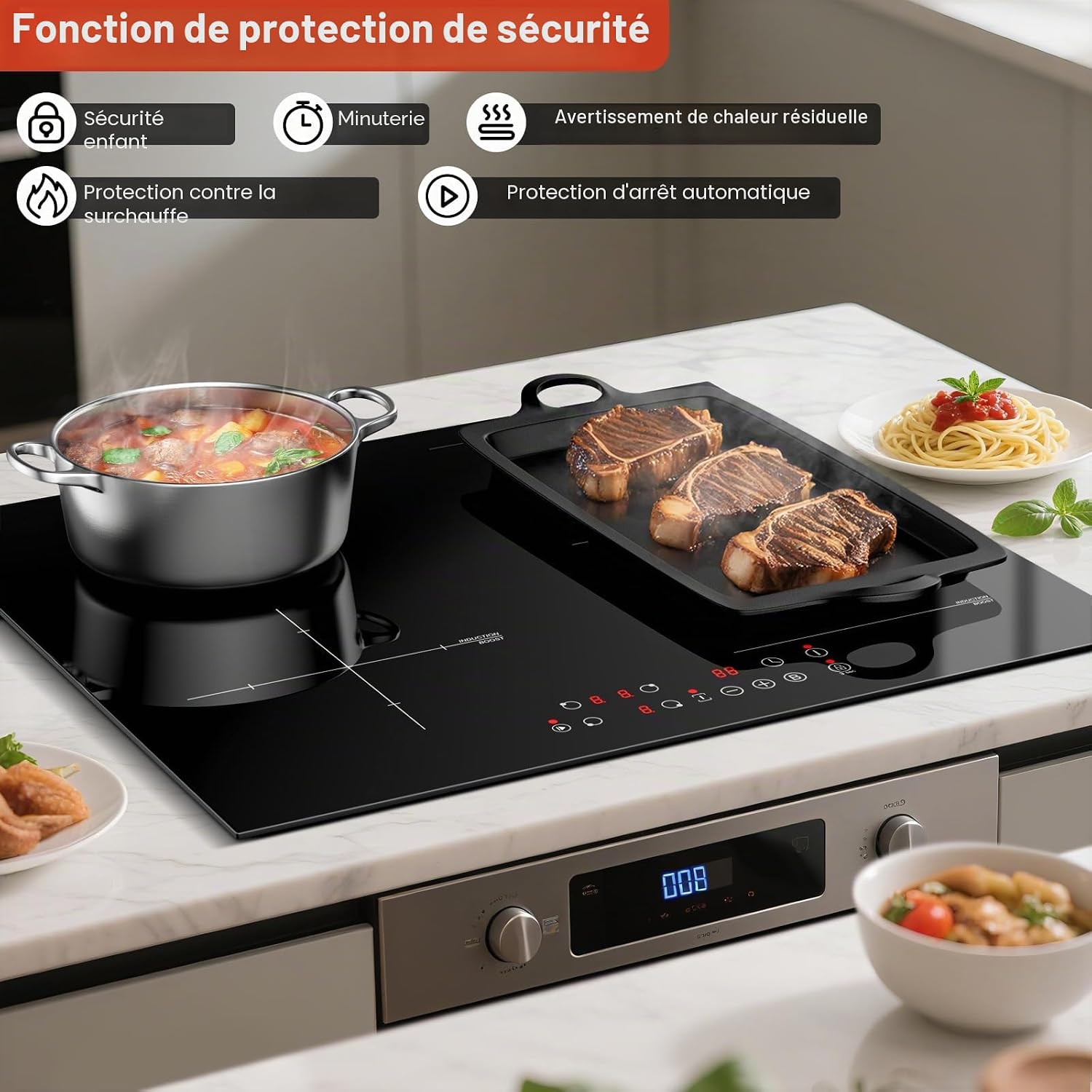 Detalle de KICHPOWER Plaque Induction 4 Feux avec Zone Flexible 60 cm – 6000 W, Commande Tactile