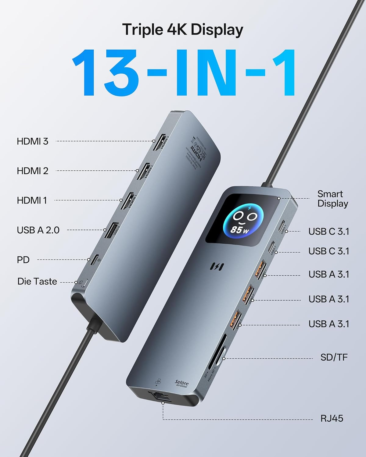 Detalle de USB-C Docking Station 13-in-1 mit 3 HDMI-Anschlüssen – Triple-Display, 2,5G Ethernet, 100W PD