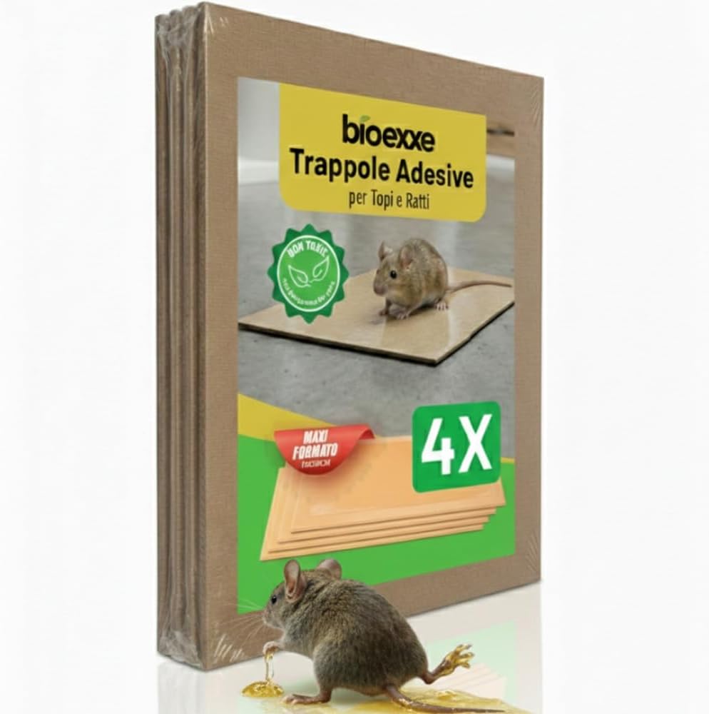 Bioexxe Tavoletta adesiva per topi con aroma alimentare: 4 trappole ad alta tenuta per uso interno ed esterno
