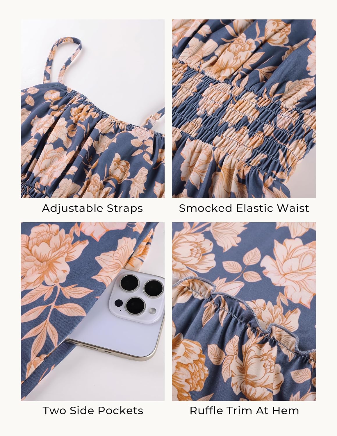 Detalle 2 de GRACE KARIN Summer Dresses for Women 2026 Smocked Floral Maxi Dress with Pockets
