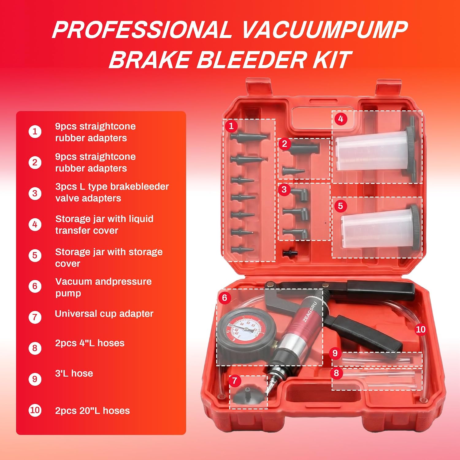 Thumbnail 6 de Handheld Vacuum Pump Brake Bleeder Kit (23PC-Red) — Vacuum & Pressure Tester Set with Gauge, Hoses, Adapters