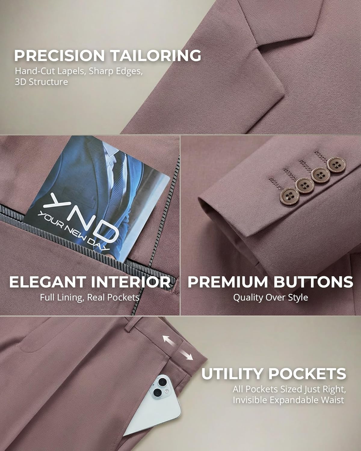 Thumbnail 3 de YND Men's 2 Piece Suit with Tie — Slim Fit One-Button Jacket with Matching Pants